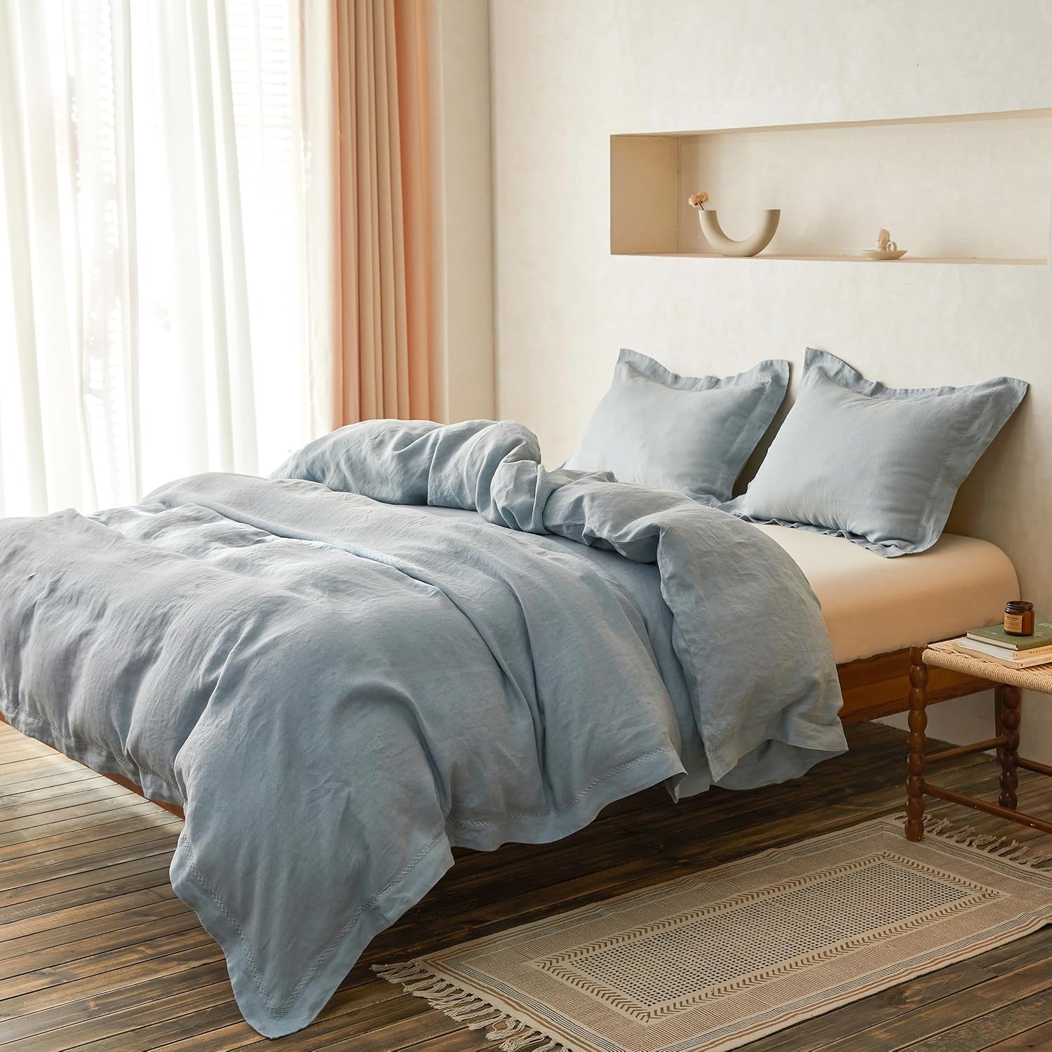 Simple&Opulence 100% Linen Duvet Cover Set with Crossed Embroidery Washed - 3 Pieces (1 Duvet Cover with 2 Pillow Shams) Soft Breathable Farmhouse - Dusty Blue, Queen Size