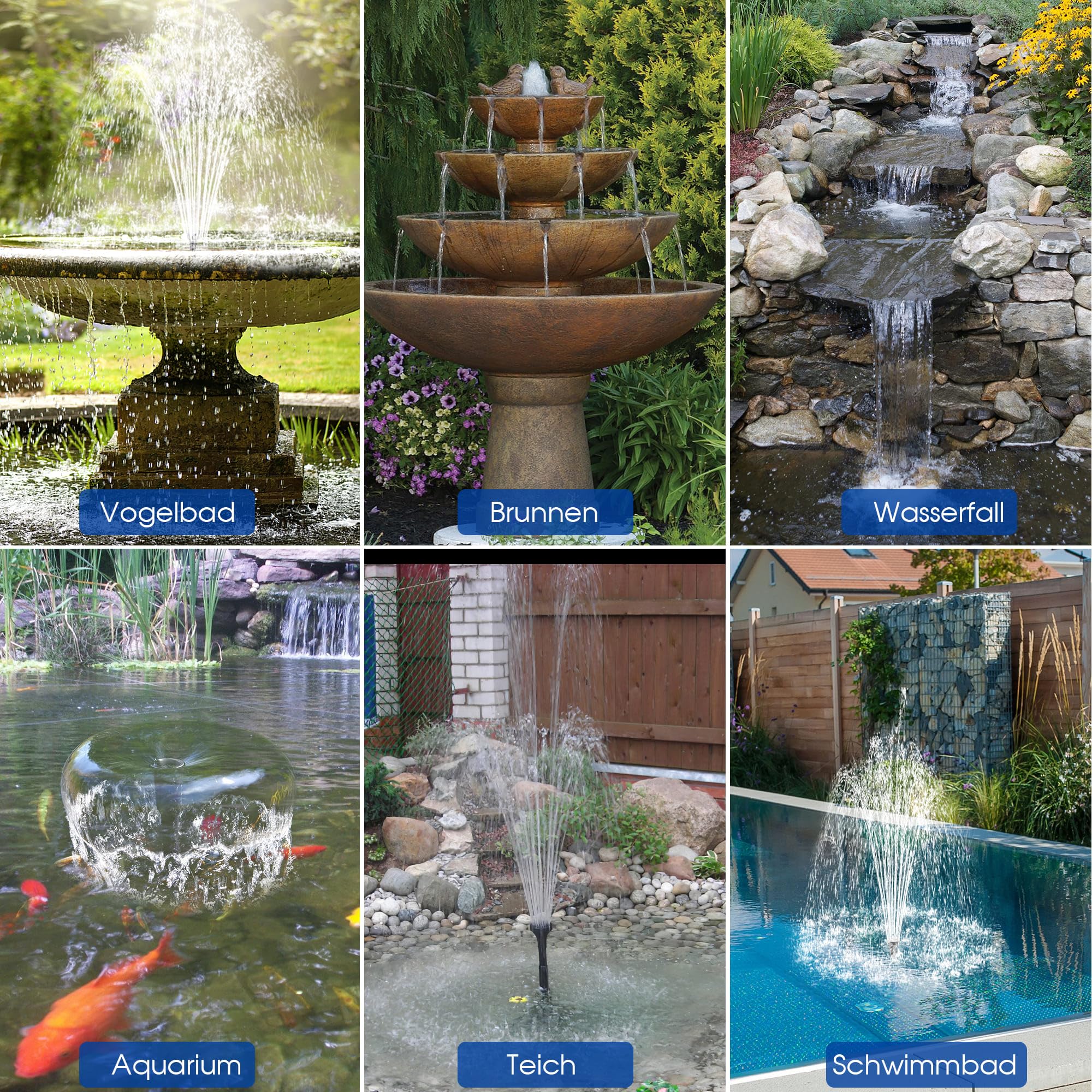 Biling Solar Springbrunnen für Außen, 12W Solar Teichpumpe 605L/H Leise mit 4 Düsen und Schlauch, Solarbrunnen für Draussen für Gartenteich bis 5㎡ DIY Wasserspiel Brunnen-Dekoration Blumenkasten
