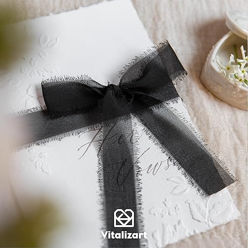 Miniatura 7 de Vitalizart Cinta de seda de gasa negra de 1 pulgada x 21 yardas, paquete de tela con flecos (3 rollos x 7 yardas) para invitaciones de boda, ramos