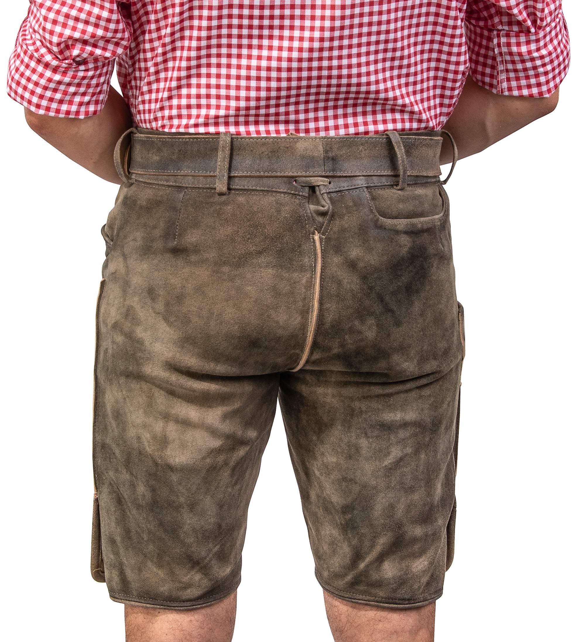 Schöneberger Trachten Couture Herren Lederhose kurz mit Trachtengürtel, traditionelle Vintage Trachtenhose für Oktoberfest aus hochwertigem Wildbockleder, Jakob