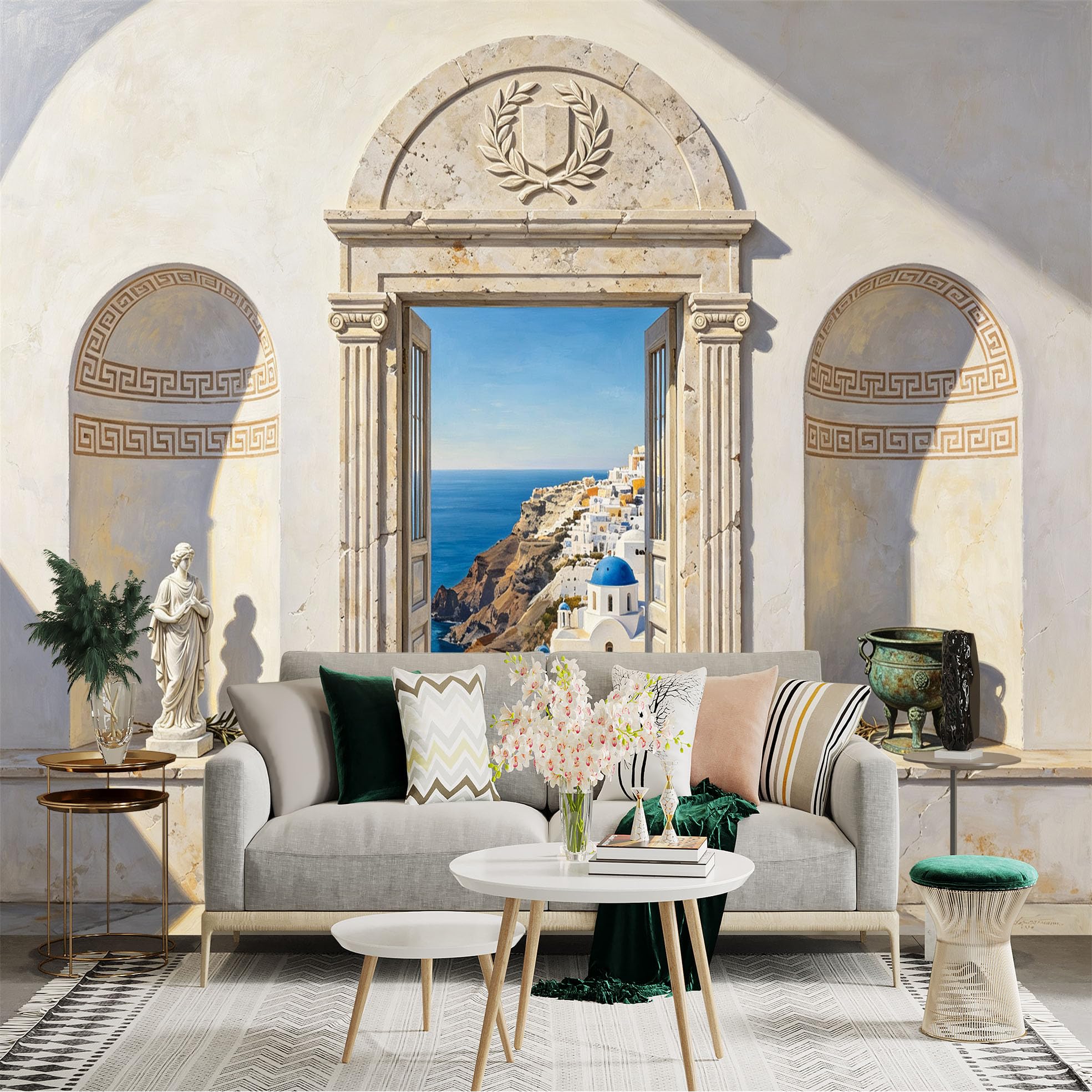 Custom Size Wall Sticker Mural， Mediterranean Coastal View， Blue Dome Village， Stone Archway and Sea Cliff， for wall Decoration， peelandstick wall Decals.