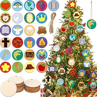 Blulu 75 Pieces Advent Jesse Tree Ornament Christmas DIY Wood Jesse Tree Advent Ornaments Wooden Unfinished Round Circles Wood Calendar Symbols for Family Celebration