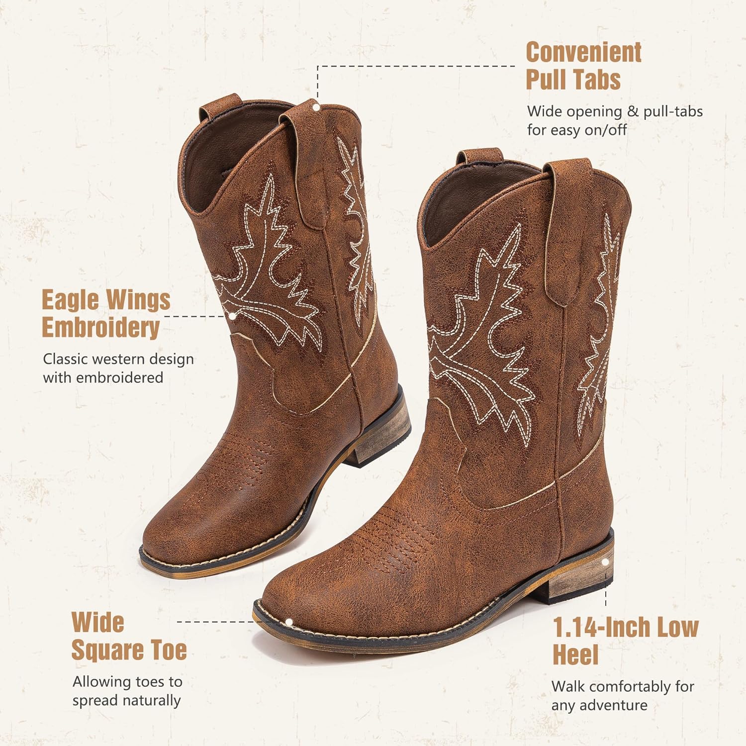 Dufannie Boys Cowboy Boots Kids Western Boots Embroidered Wide Mid Calf Square Toe Horse Riding Shoes for Toddler Little Big Kids