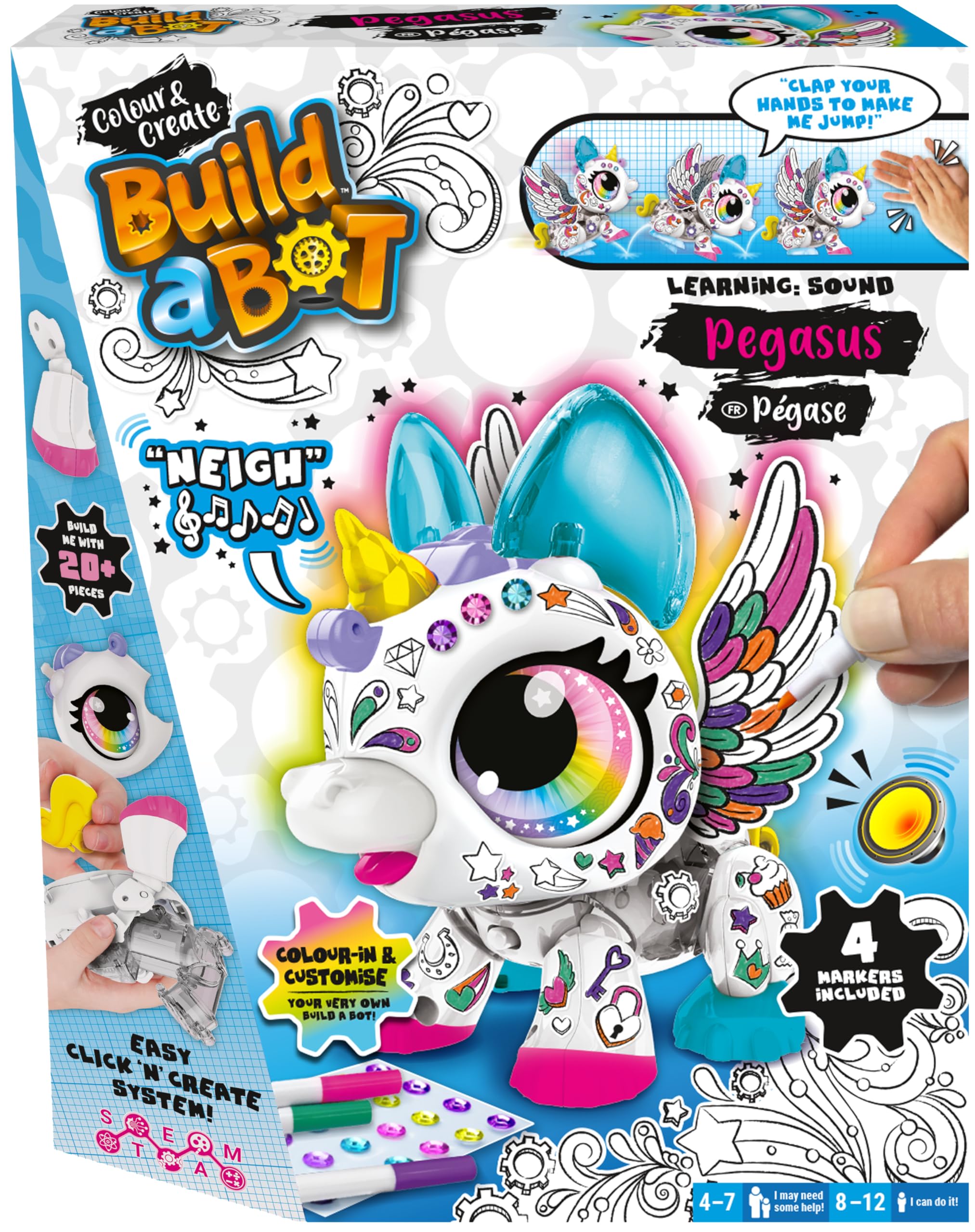 BUILD A BOT - Pegasus - Interactive Animal Robot to Build and Customize - for Children from 4 Years - 20 Pieces to Assemble + Felts, Stickers & Gems - Interactive Unicorn - Batteries Not Included