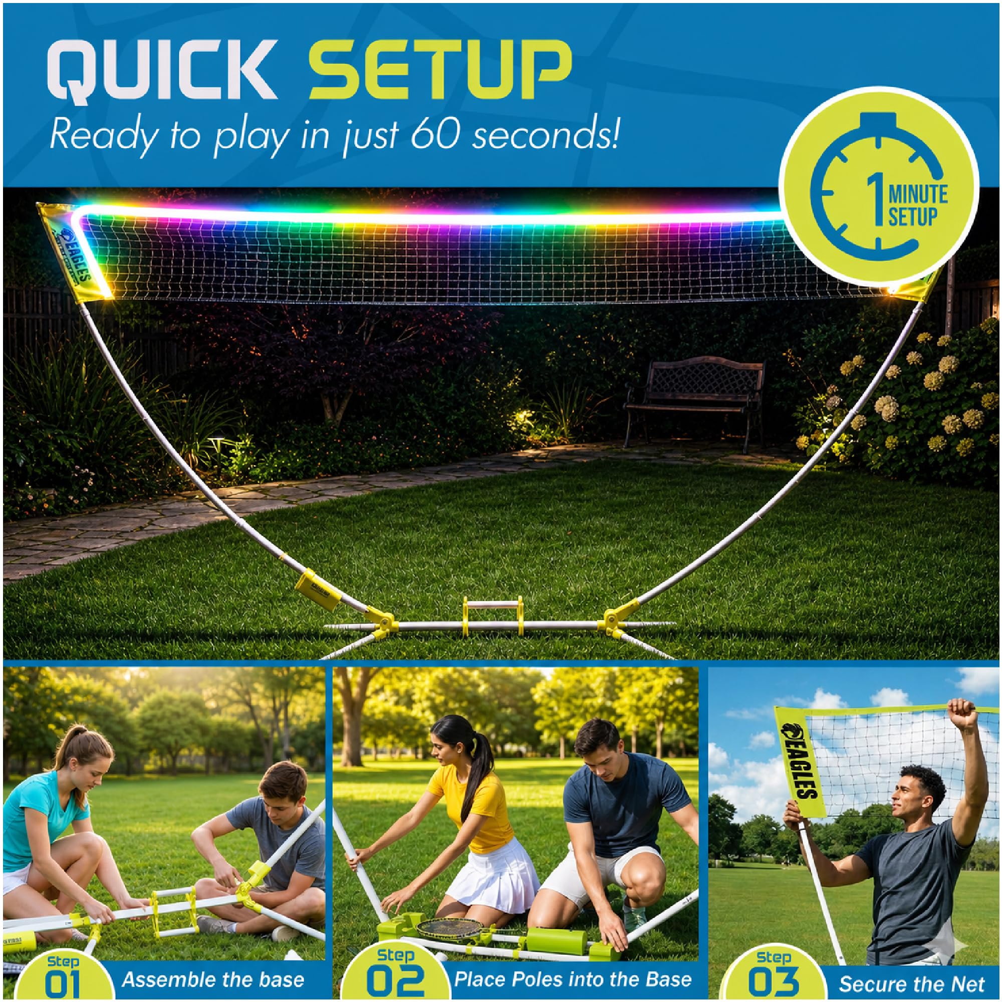 Komplettes tragbares Badminton-Set – schnelle und einfache Einrichtung – 4 Schläger, 2 Federbälle, 1 Netz & Badmington Stangenrahmen für Hinterhof, Park & Strandspiele, Indoor Outdoor
