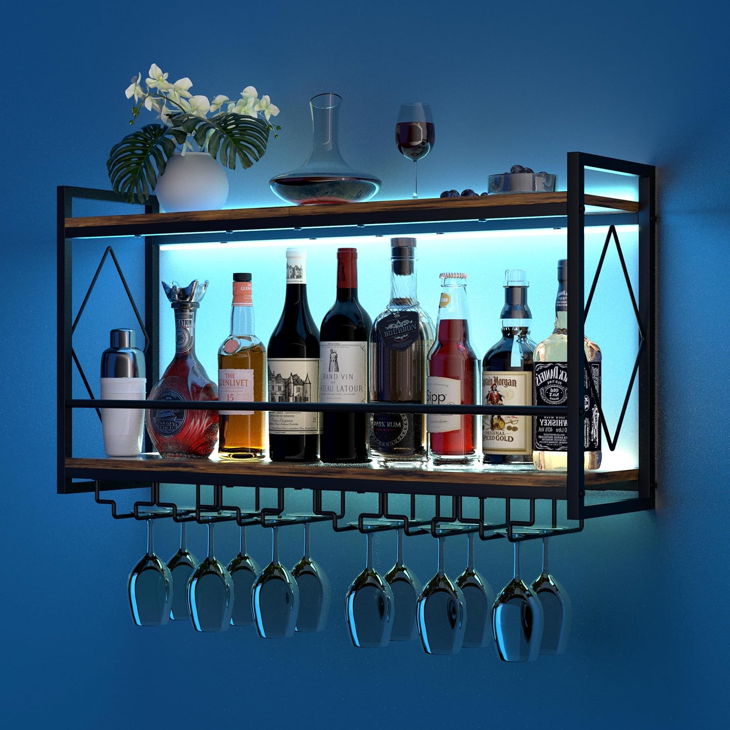 Nidouillet Wall Mounted Wine Rack with LED Light, 31.5" Bar Liquor Shelves with Glass Holder, Metal Hanging Bar Shelves Wine Storage Rack Display for Kitchen Home Bar Dining Room Living Room