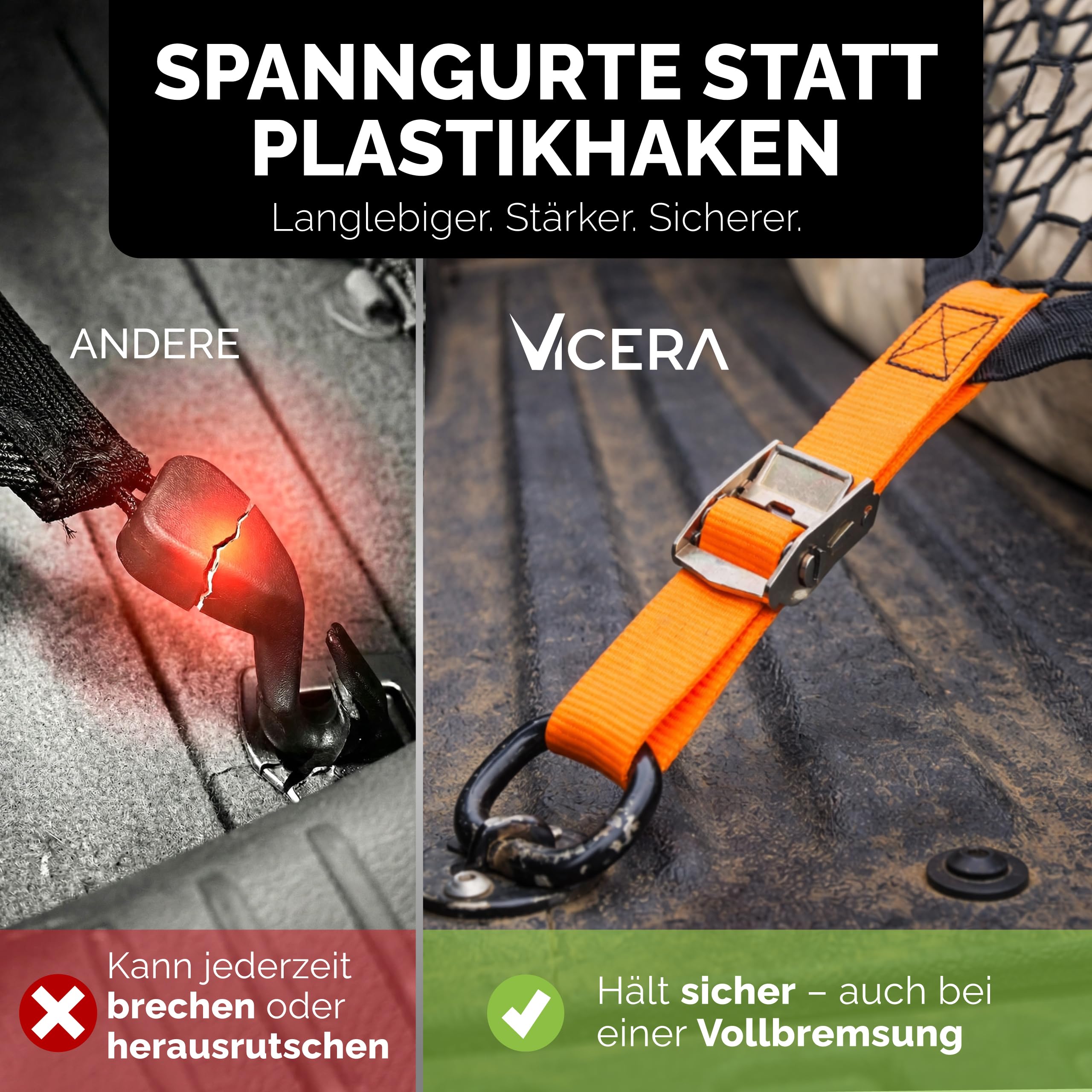 Vicera Gepäcknetz Kofferraum Netz 120x100 cm mit 4 Spanngurten • Kofferraumnetz fürs große SUVs, Transporter, Busse, Vans • Gepäcknetz Auto Ladungssicherung mit Zurrgurten für den Kofferraum