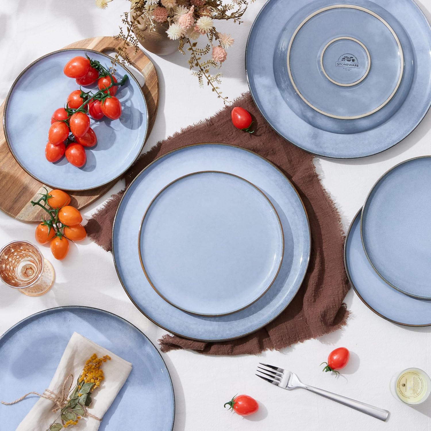 Herogo 4-Piece Stoneware Dinner Plates Set, 7.9" Ceramic Round Dessert Plate Set, Small Handmade Double Reactive Glaze Dinnerware Plates for Kitchen, Microwave, Oven and Dishwasher Safe, Haze Blue