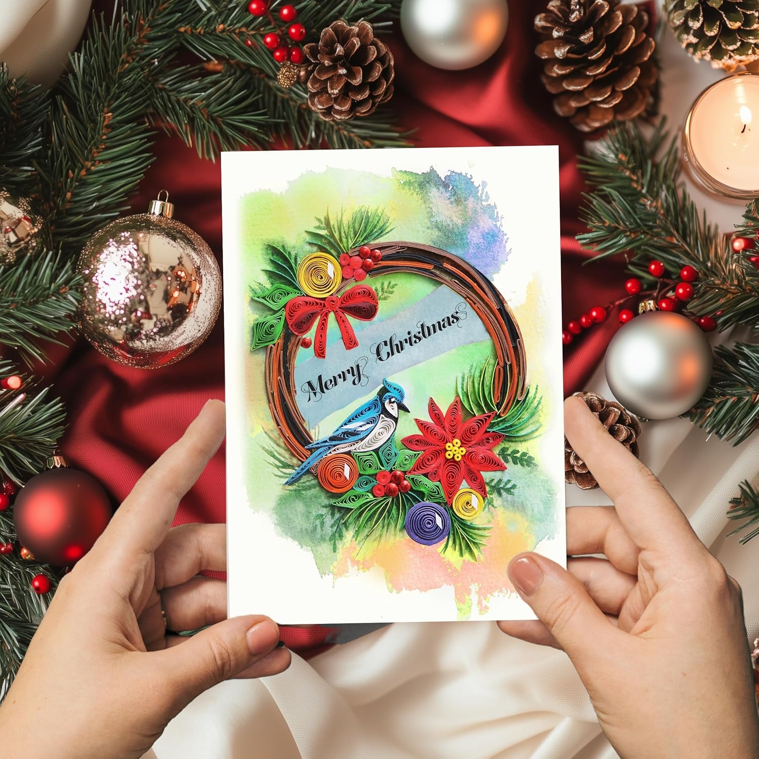 Christmas Wreath Quilling Card, 5 x 7 inch, Handmade, with Envelope - Image 2