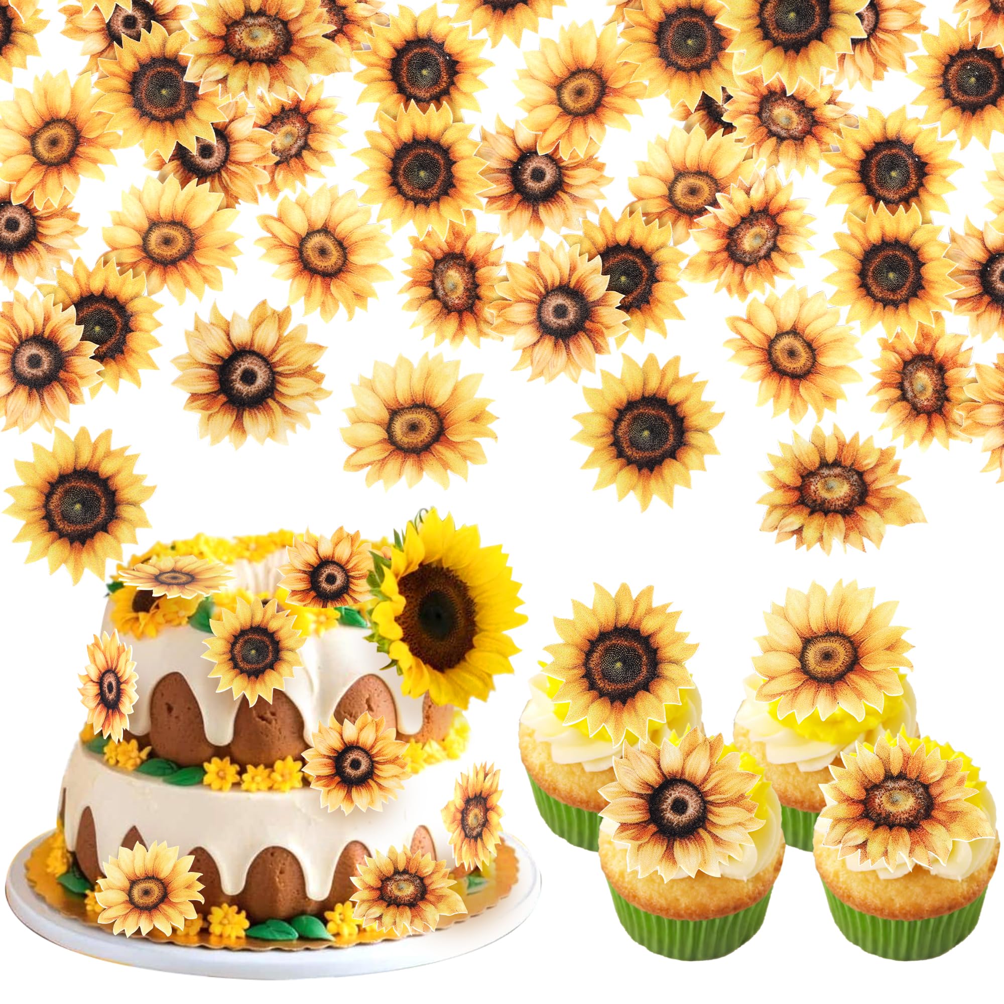 60 PCS Edible Sunflower Cupcake Toppers Wafer Paper Flowers Cake Decorations Edible Sunflower Party Decorations for Baby Shower Sunflowers Birthday Party Cake Toppers Food Decorations Supplies