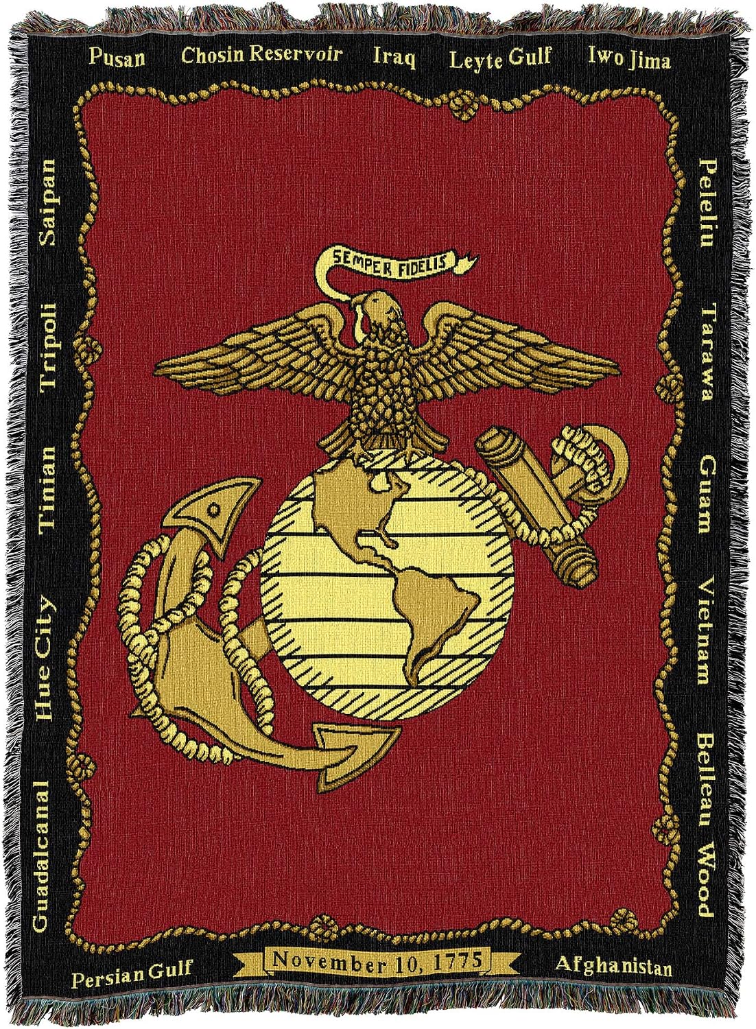 US Marine Corps Blanket - Semper Fidelis Emblem - Soft Afghan Gift Throw Woven from Cotton - Made in the USA (69x48)