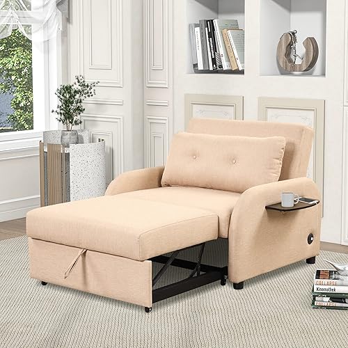 P PURLOVE Sofá biplaza convertible moderno de 57 pulgadas, respaldo ajustable, sofá de 2 plazas con cama extraíble con bolsillo lateral, 2 almohadas