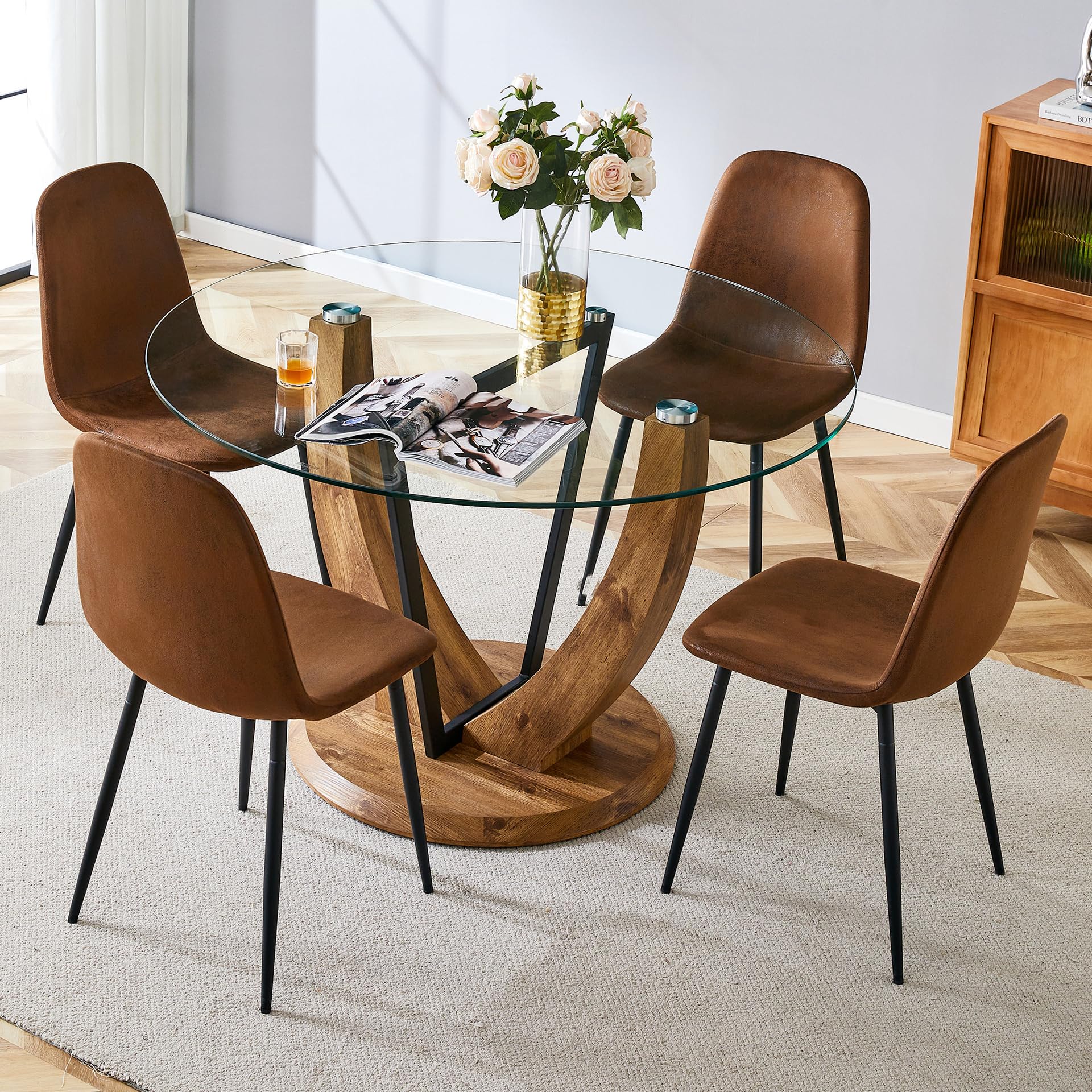 LFVFFA Round Glass Dining Table Set for 4, 48 Inches Kitchen Table with Wood Pedestal Base and 4 Brown Chairs, 5 Piece Dinner Table Set for Living