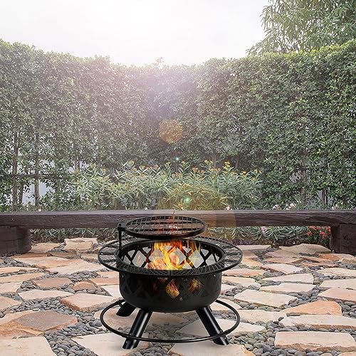 Miniatura 8 de Chimenea redonda de madera de acero de 24 pulgadas para patio trasero con parrilla giratoria extraíble de 360 grados, color negro