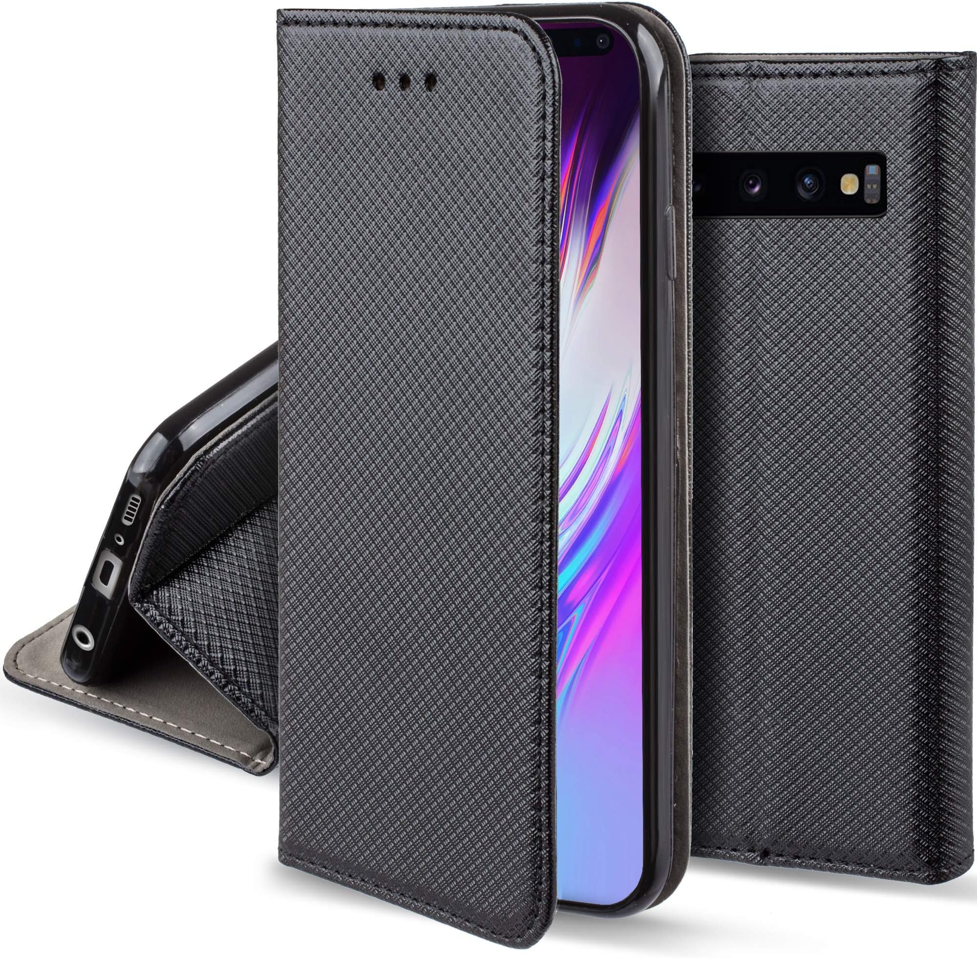Moozy Case Flip Cover for Samsung S10 Plus, Black - Smart Magnetic Flip Case Flip Folio Wallet Case with Card Holder and Stand, Credit Card Slots, Kickstand Function