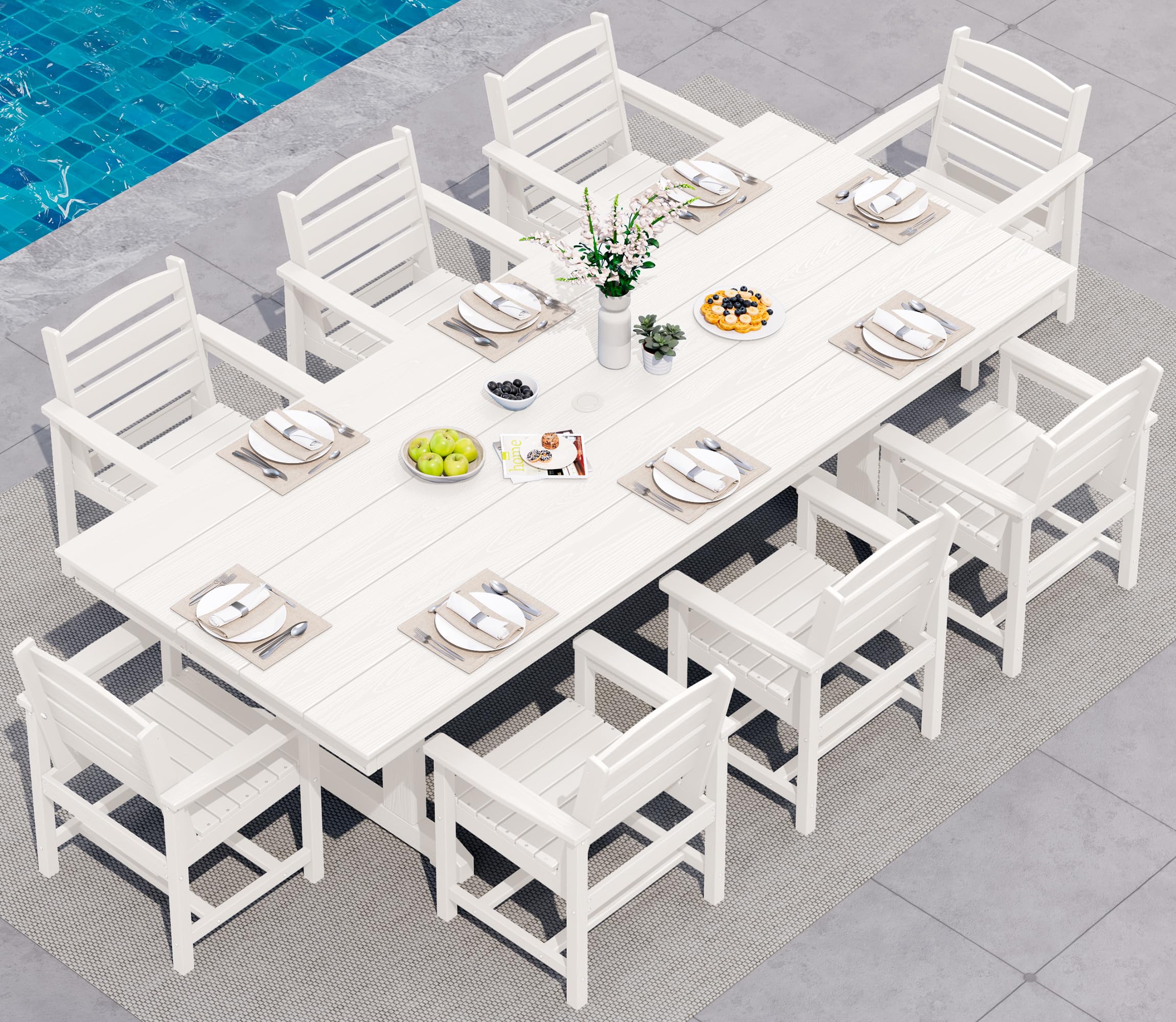 SERWALL 9Pcs 84" HDPE Outdoor Dining Set for 8 with Armchairs,White