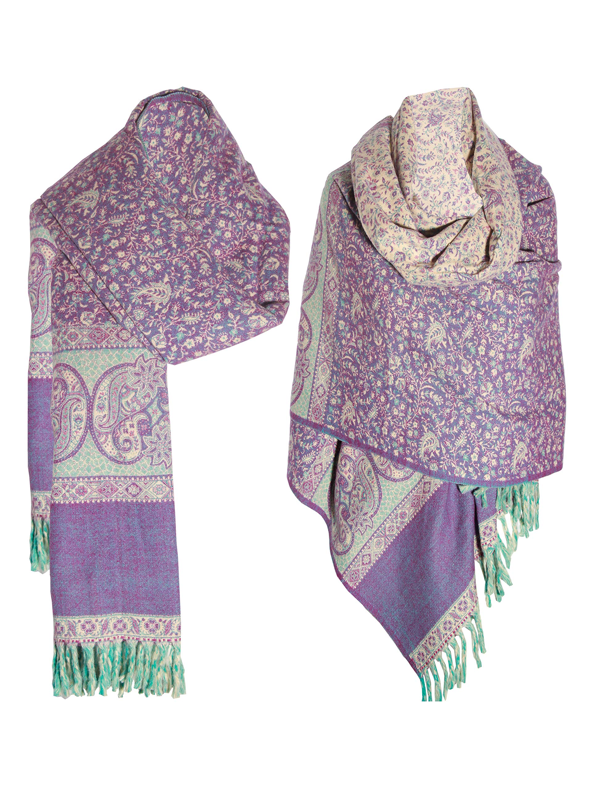 TIBET Paisley-Schal, handgefertigt, reine Yakwolle, doppelseitig, übergroß, Violett / Beige, Lila Beige, One size
