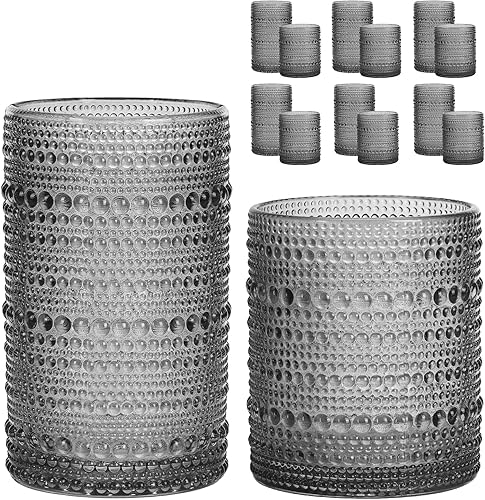 Vista 10 de Moretoes - Juego de vasos de beber Hobnail de 12, 12 onzas vasos altos y 10 onzas vasos de cóctel, vasos de vidrio con relieve estilo boho