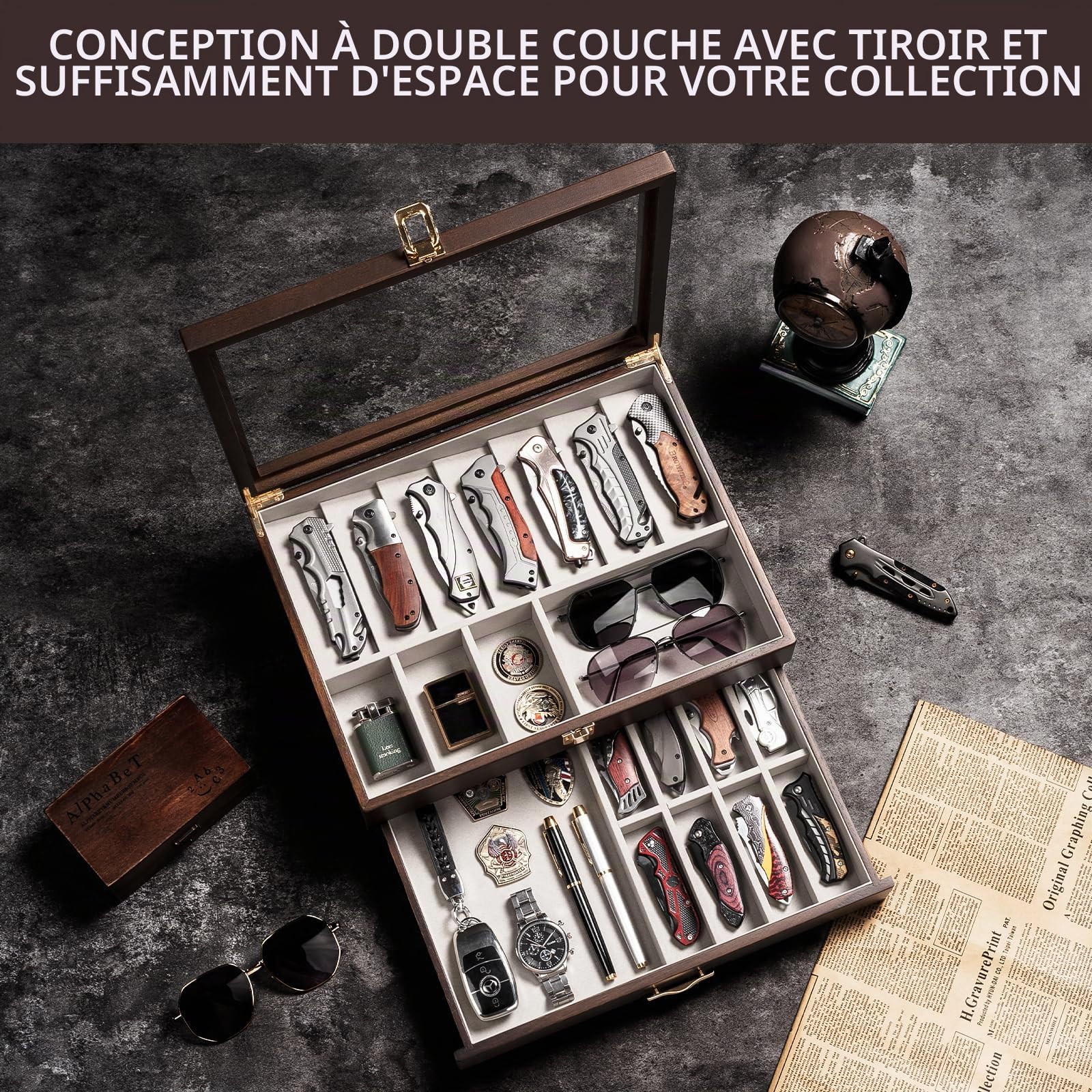 2 Étages Coffret Poignard, Bois Boîte Présentation Poignard pour 17 à 23 Couteaux de Poche, Grande Vitrine à Couteaux avec Vitre Supérieure en Verre Véritable, pour Collection, Cadeau (Noyer)