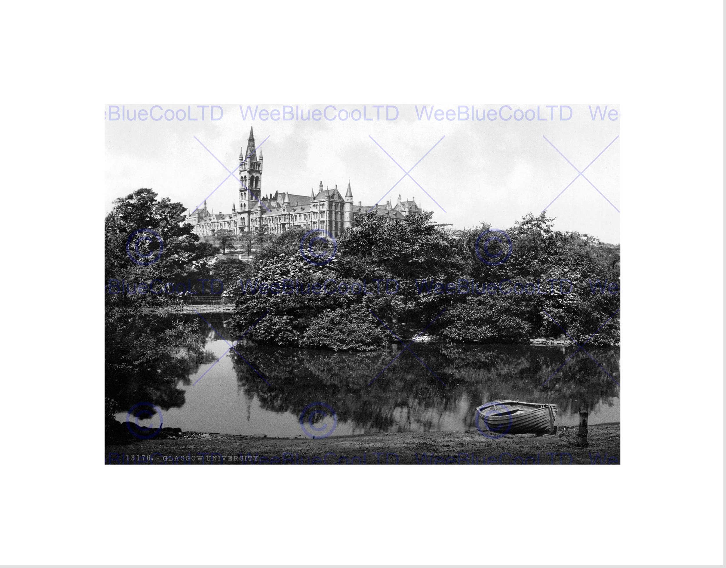 Wee Blue Coo UNIVERSITY GLASGOW SCOTLAND 1895 VINTAGE OLD BW FRAMED ART PRINT MOUNT B12X1305