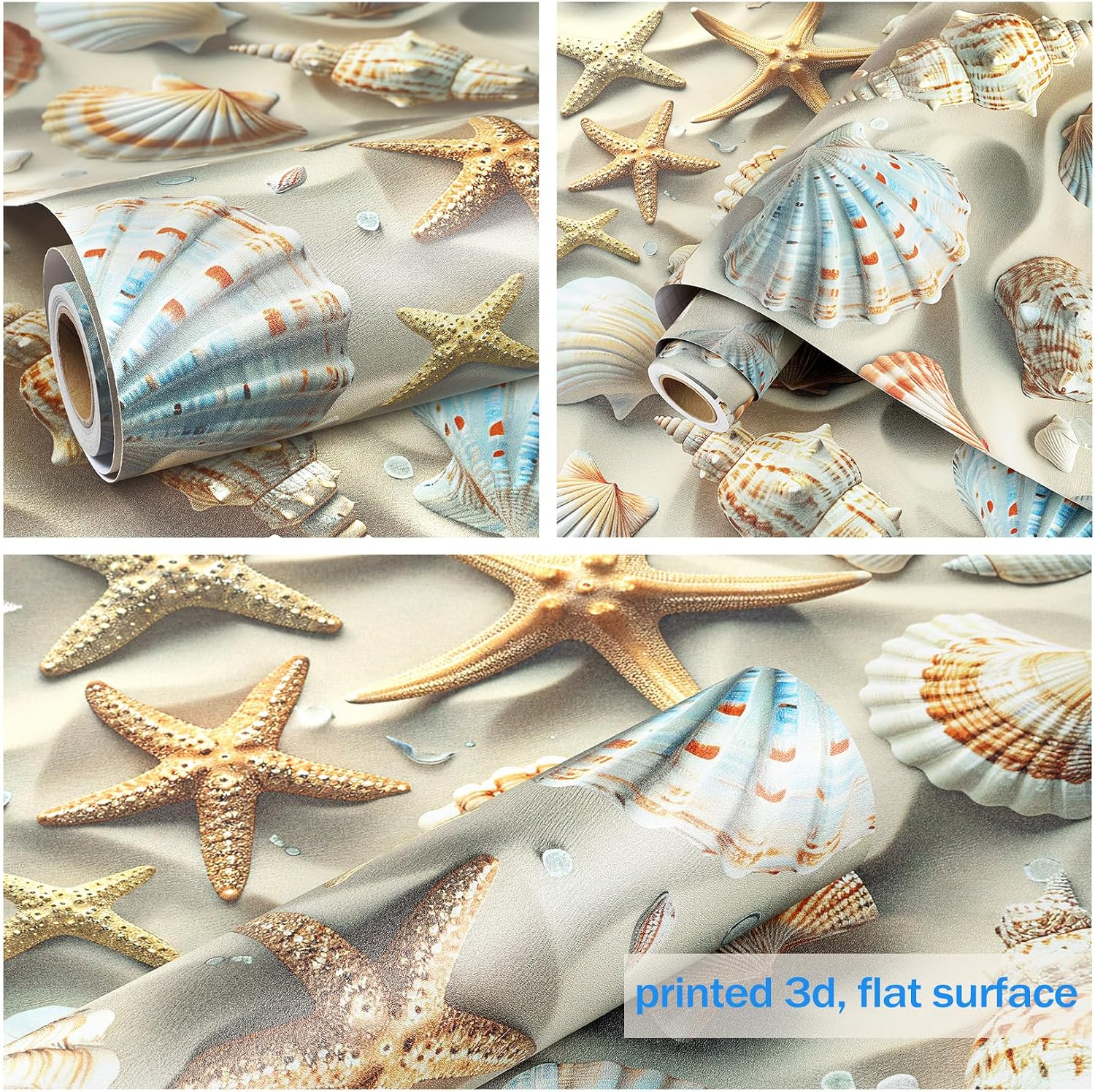 ReWallpaper Coastal Peel and Stick Wallpaper 3D Seashell Starfish Sandy Removable Wall Paper for Bedroom 17.5in×23ft Self Adhesive Nautical Ocean Decorative Contact Paper for Cabinets Accent Walls