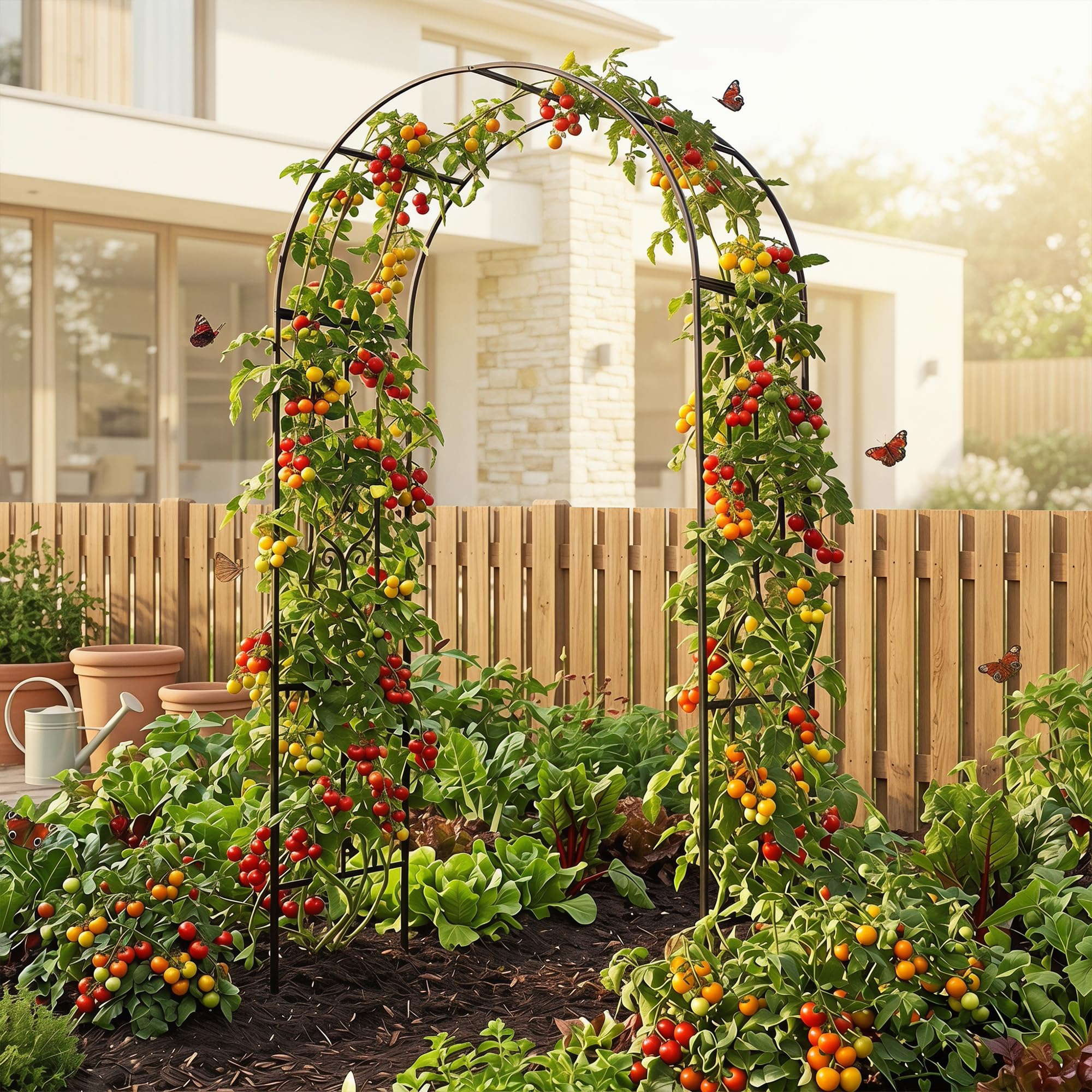 GYMAX Arche de Jardin en Métal, Treillis à Rosiers Extérieure | 117 x 57 x 231 cm, Sommet Arrond, Motifs Décoratifs, Support pour Plantes Grimpantes, Déco pour Pelouse Allée Mariage Fête