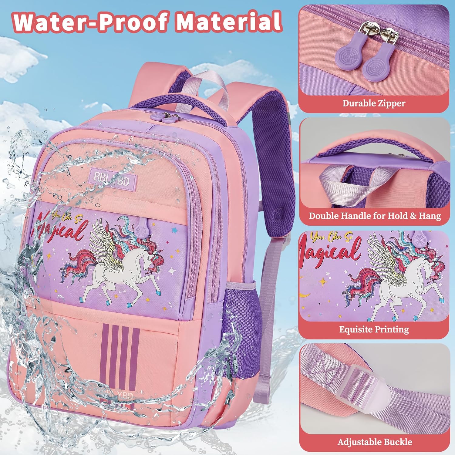 Girls Backpack with Lunch Box, Cute School Backpack for Kids Teen Elementary, Large Capacity Kids Bookbag 3 Pcs Set age 3