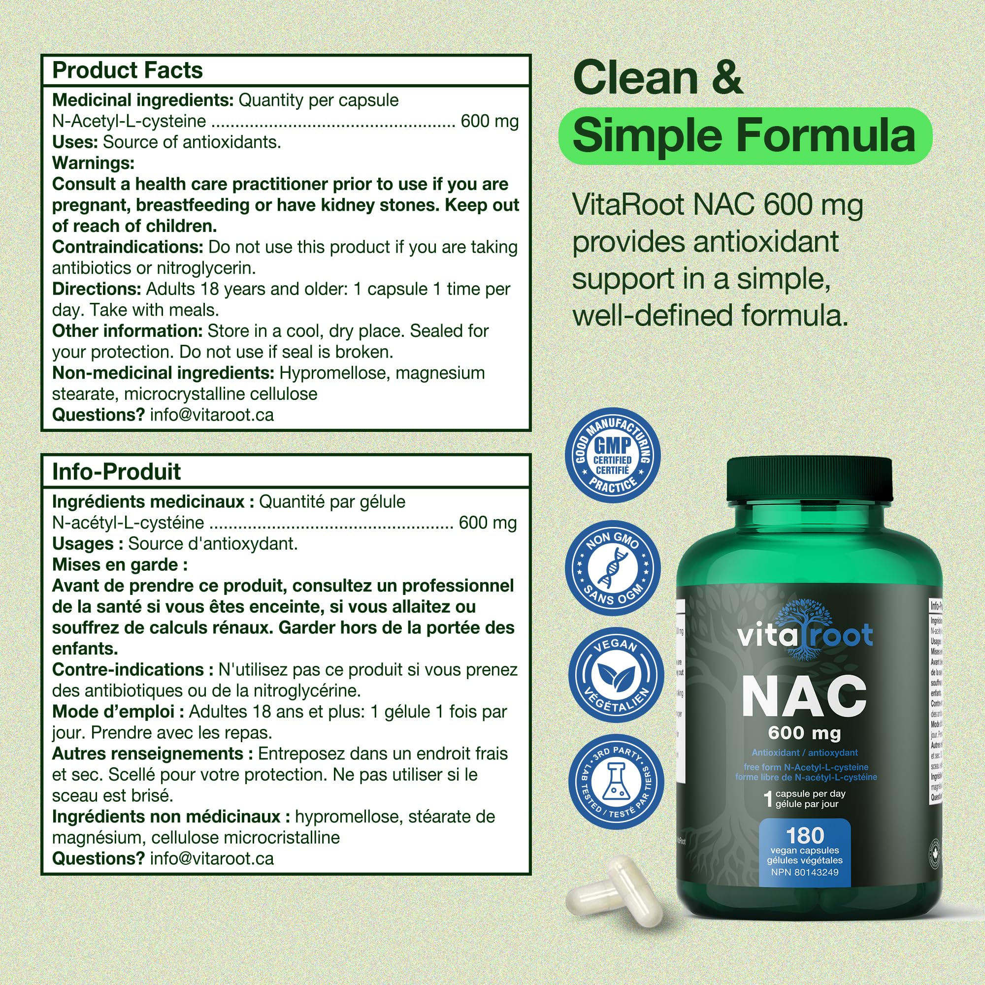 VitaRoot NAC 600mg – 180 Capsules N-Acetyl Cysteine with Glycine Support – High Potency Antioxidant Formula – Vegan, Non-GMO, Made in Canada - 5