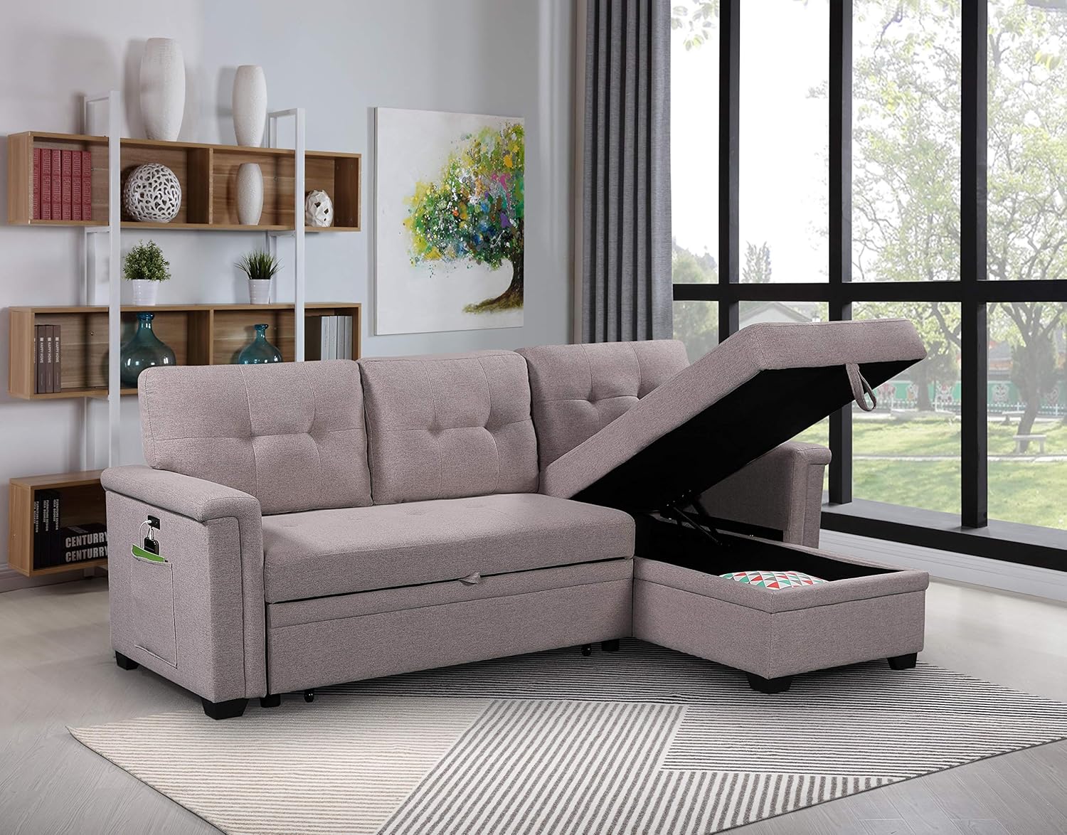 Lilola Home Convertible Sleeper Sofa Bed 84 Inch, L Shaped Sectional Couch with Pull Out Bed, USB Charging Ports, Storage Chaise for Living Room, Office, Linen Fabric, Light Gray