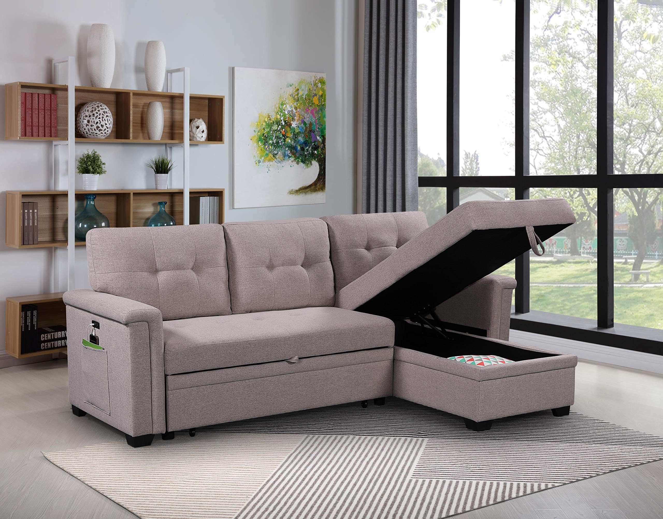 Convertible Sleeper Sofa Bed 84 Inch, L Shaped Sectional Couch with Pull Out Bed, USB Charging Ports, Storage Chaise for Living Room, Office, Linen Fabric, Light Gray