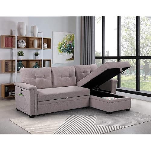 Lilola Home Convertible Sleeper Sofa Bed 84 Inch, L Shaped Sectional Couch with Pull Out Bed, USB Charging Ports, Storage Chaise for Living Room, Office, Linen Fabric, Light Gray