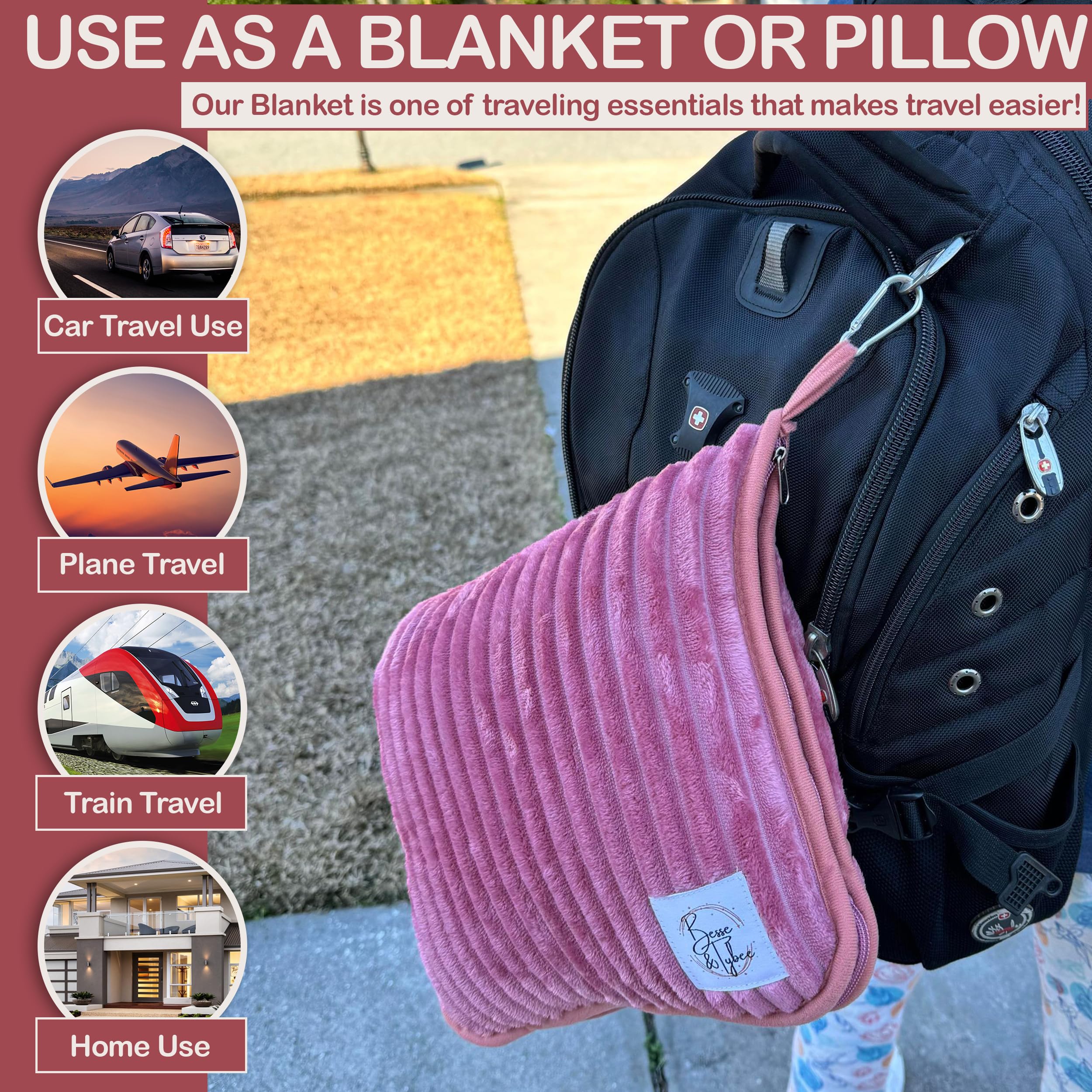 Coperta da viaggio di alta qualità, XL, 127 x 177,8 cm, set 2 in 1, coperta da viaggio e cuscino da viaggio compatta con borsa, coperta calda da viaggio, con custodia per bagaglio a mano e clip per