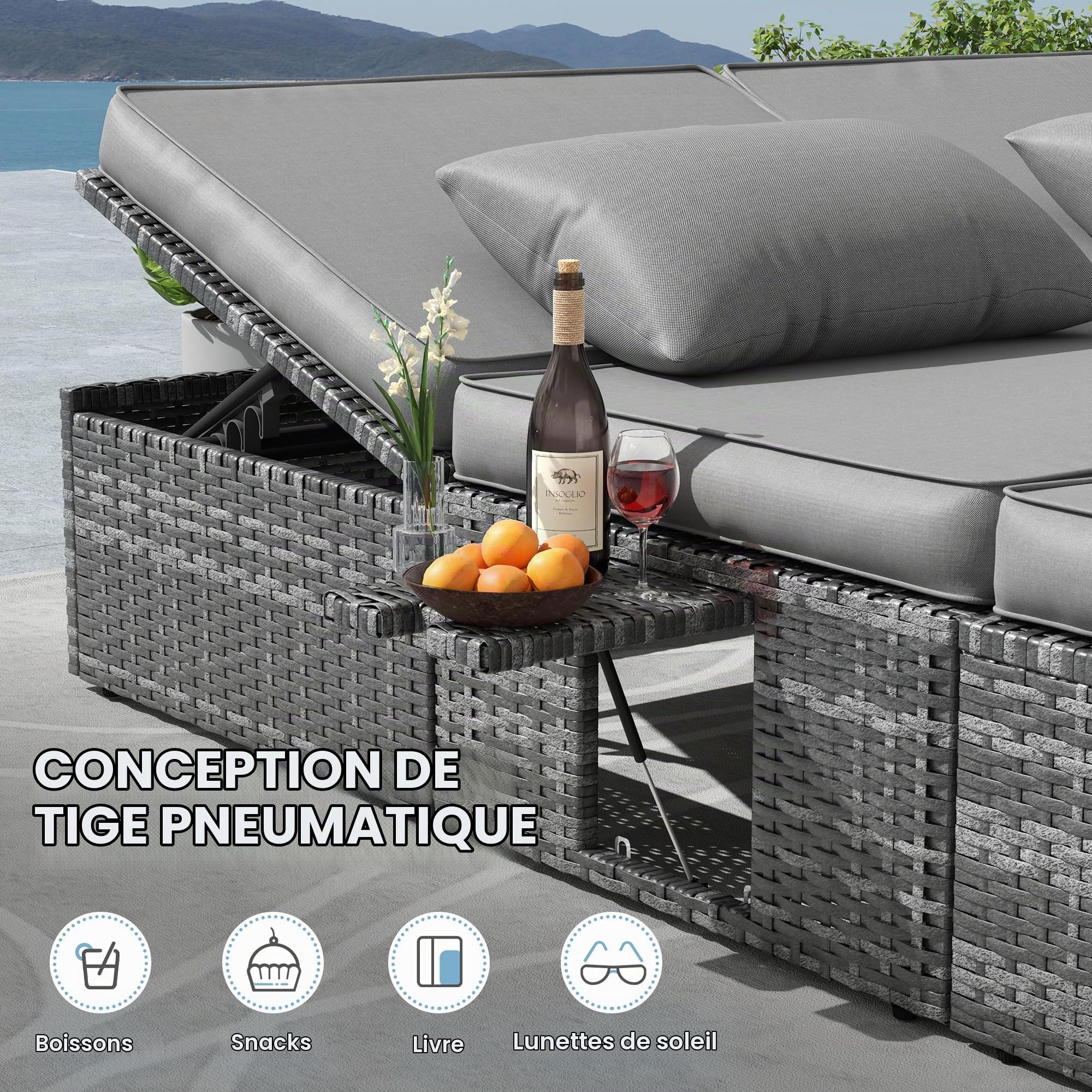 UDPATIO Transat Jardin Extérieur en Rotin - Bain de Soleil Double avec Plateaux Latéraux Repliables et Dossier Réglable 5 Niveaux, Lit de Jardin Résistant Jusqu'à 400kg, pour Piscine ou Terrasse, Gris