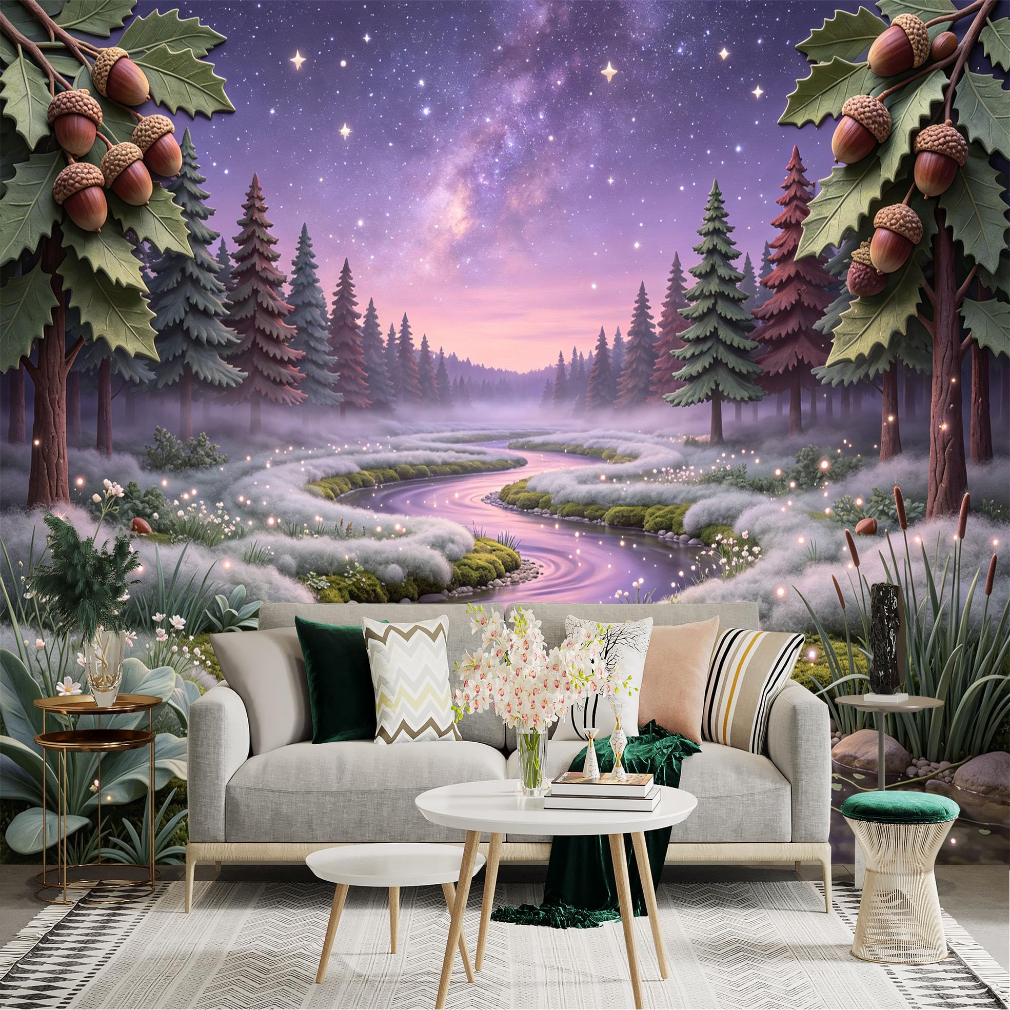 Lnzczhyre Bh260719243 Custom Size Wall Sticker Mural， Enchanting Misty River， Oak Trees With Acorns， Purple Starry Galaxy Night， Serene Forest Landscape， For Wall Decoration， Peelandstick Wall Decals.