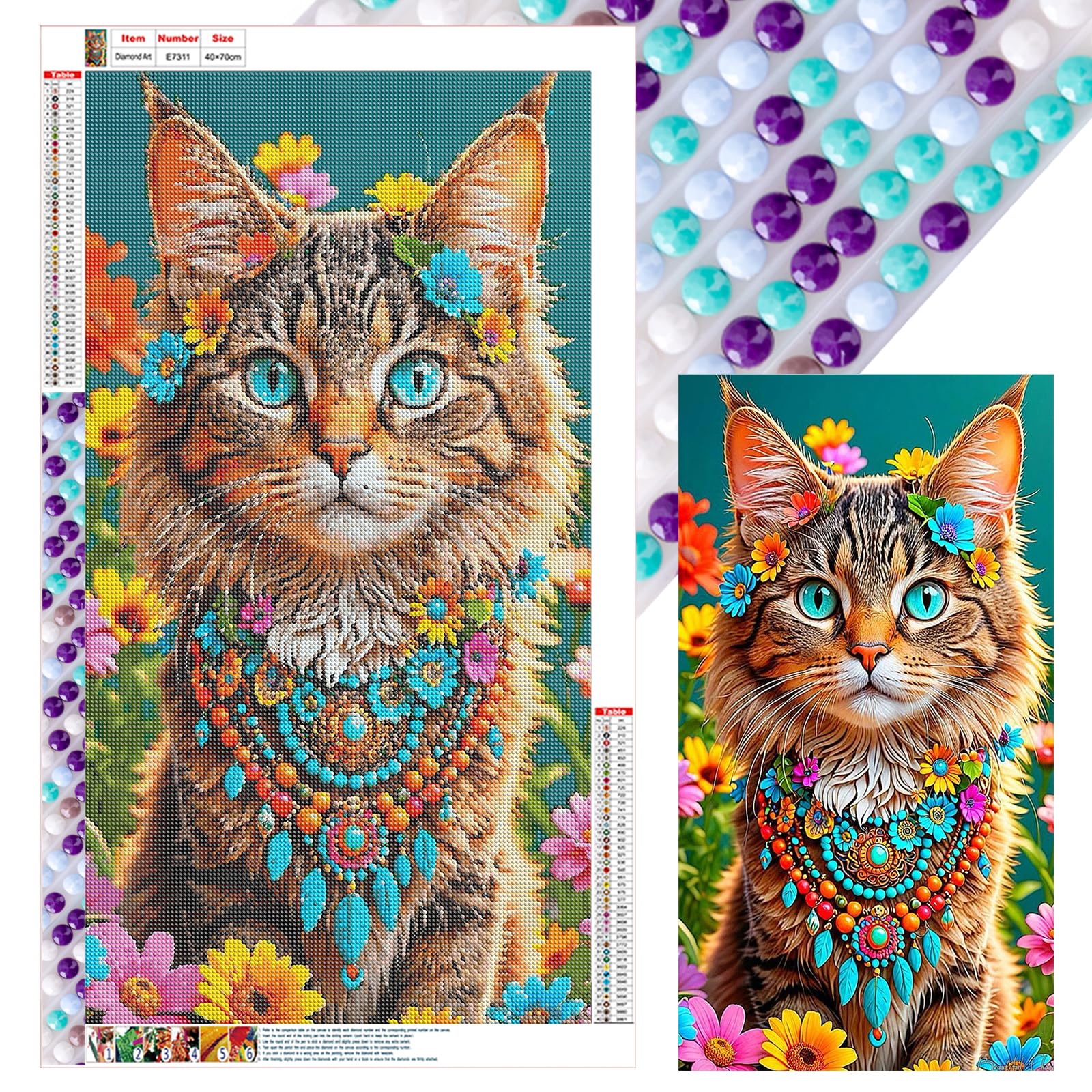 Poetrydraw Cat Full Diy 5D Round Drill Diamond Art Painting Kit For Adults/Beginners Gift Idea Home Decor Diamond Art Paintings Picture Arts Craft Large Size 40X70cm (Cat)