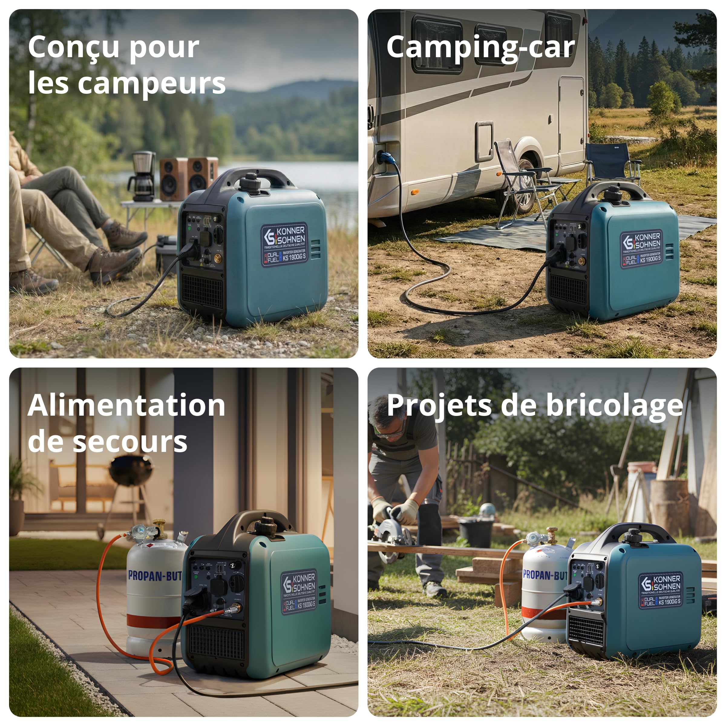 Könner & Söhnen KS 1900iG S Générateur à inverseur GPL 2,0 kW, double carburant, générateur à inverseur en mode éco, groupe électrogène de secours pour une utilisation en extérieur, 230 V/16 A, Euro 5