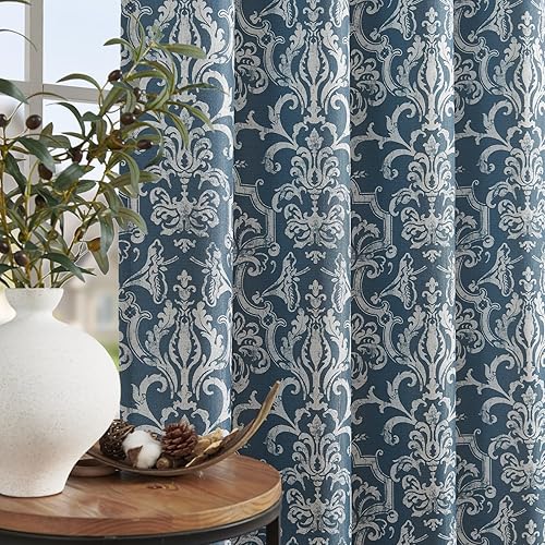 Miniatura 2 de jinchan Cortinas de oscurecimiento de habitación para dormitorio, cortinas con patrón de damasco azul, 84 pulgadas de largo para sala de estar,