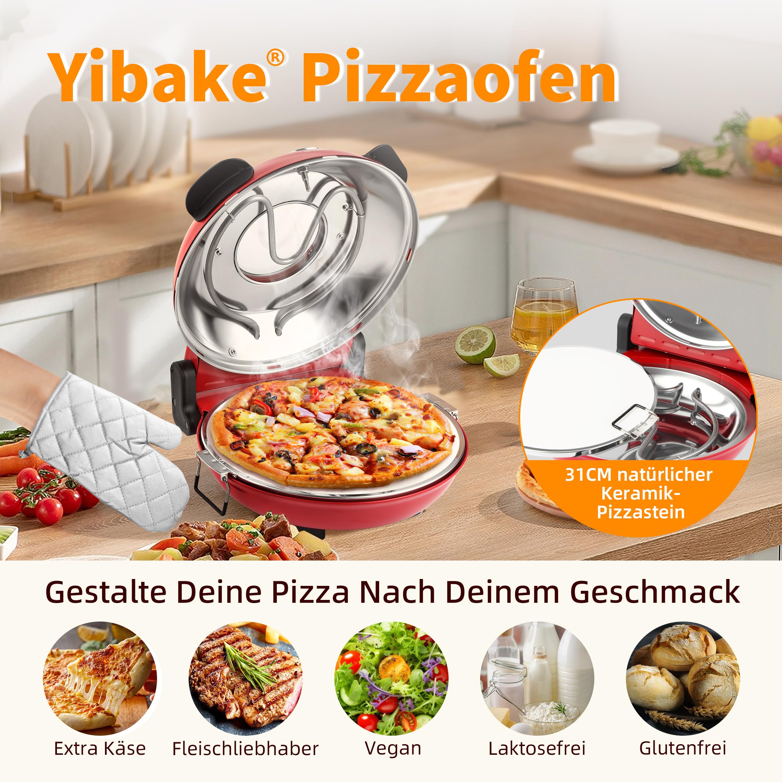 Forno per pizza elettrico, diametro 31 cm, pietra per pizza in