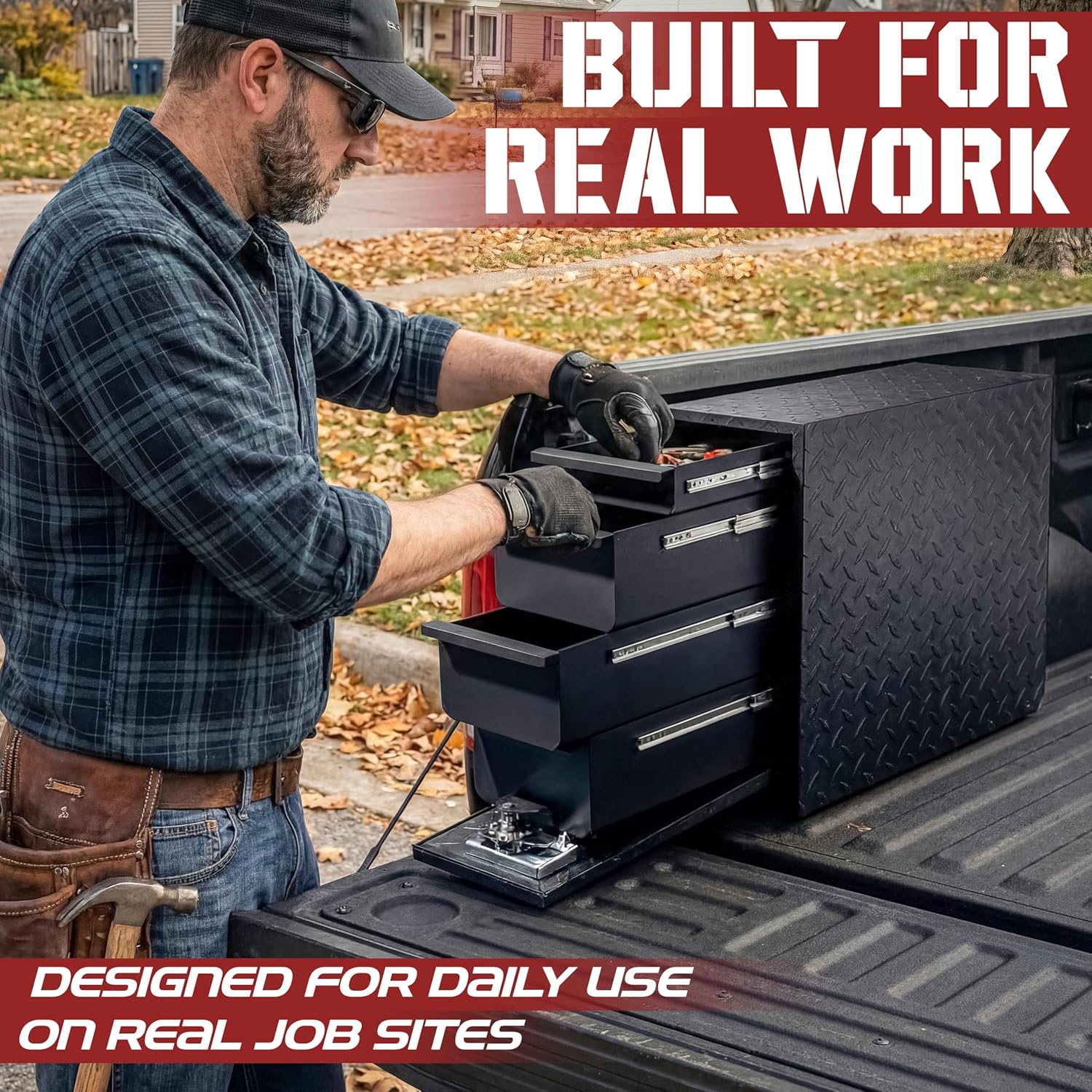 Truck Bed Tool Box with 5-Drawer Slides | Lockable Heavy-Duty Tool Chest Storage for Pickup, Jobsite & Side Trucks | 8-Inch Toolbox with Key (Black Aluminum - T Handle)