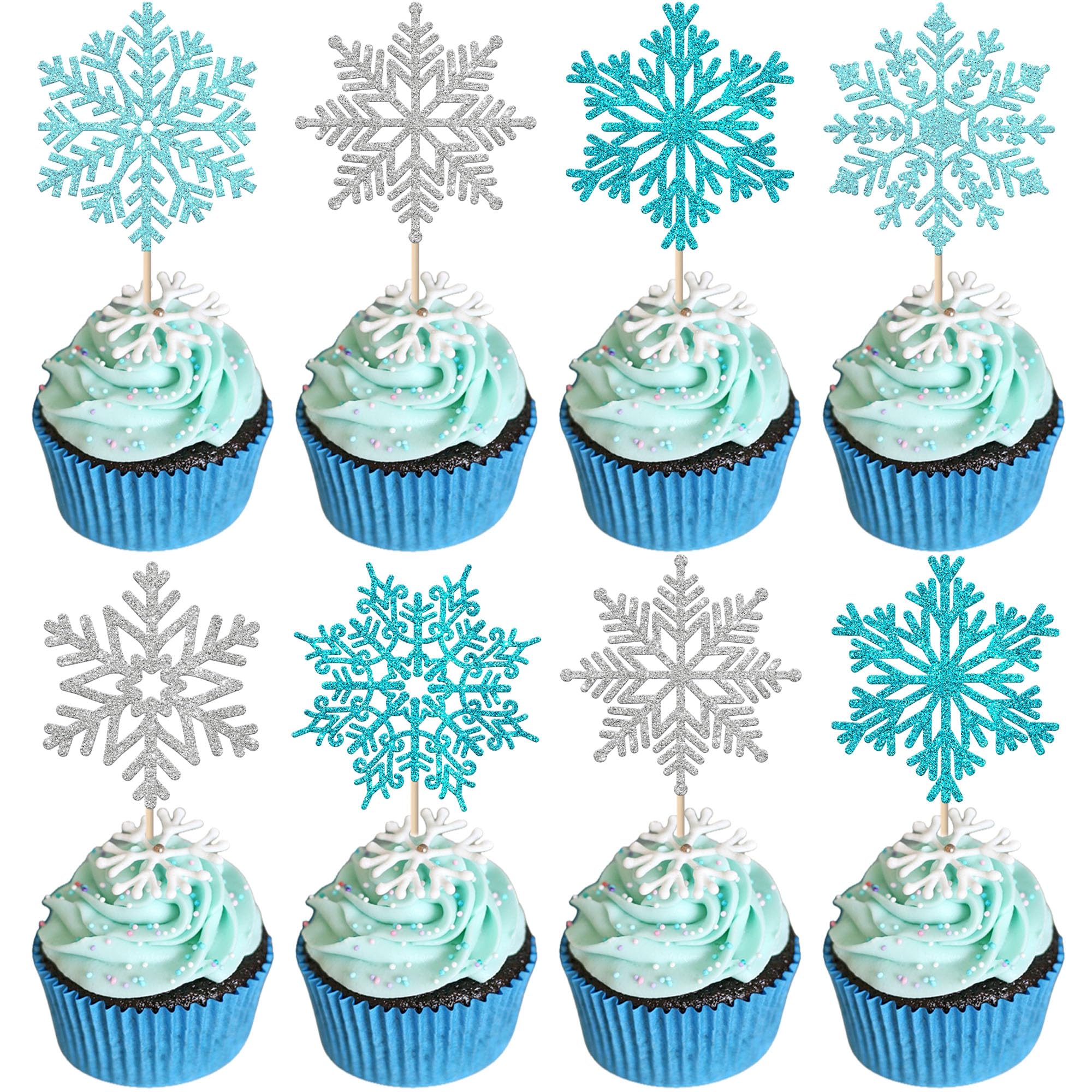 Xsstarmi 36 Pack Snowflake Cupcake Toppers Glitter Winter Frozen Snowflake Cupcake Picks for Baby Shower Birthday Christmas Party Cake Decorations Supplies Blue Silver Blue