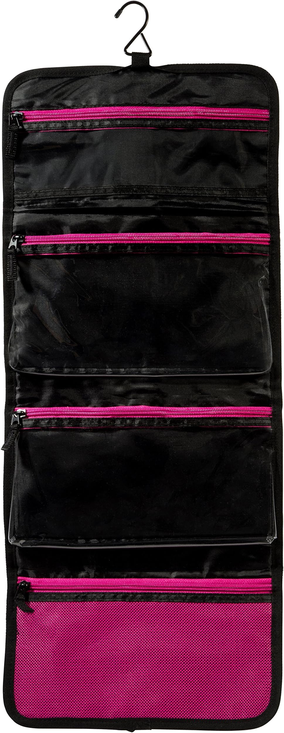 Pink-Flamingo Hanging Toiletry Bag (Black with Pink Zippers and Mesh Pocket)