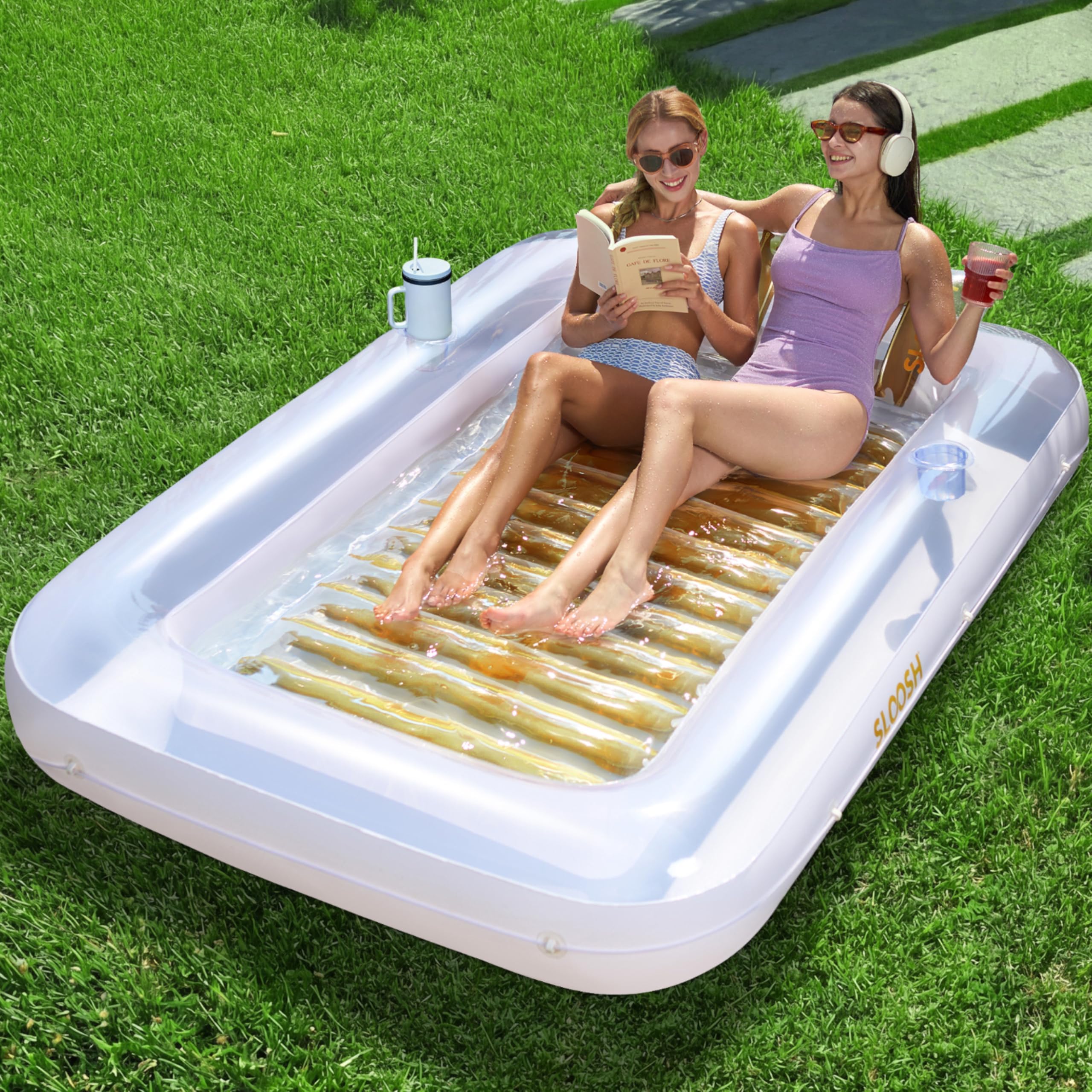 Sloosh Inflatable Tanning Pool Lounge Float, 70" x 46" and 85" x 57" Sun Tan Tub Adult Pool Floats Raft for Pool Sunbathing Suntan Inflatable Pool Lounger Tanning Bed Floatie for Adults