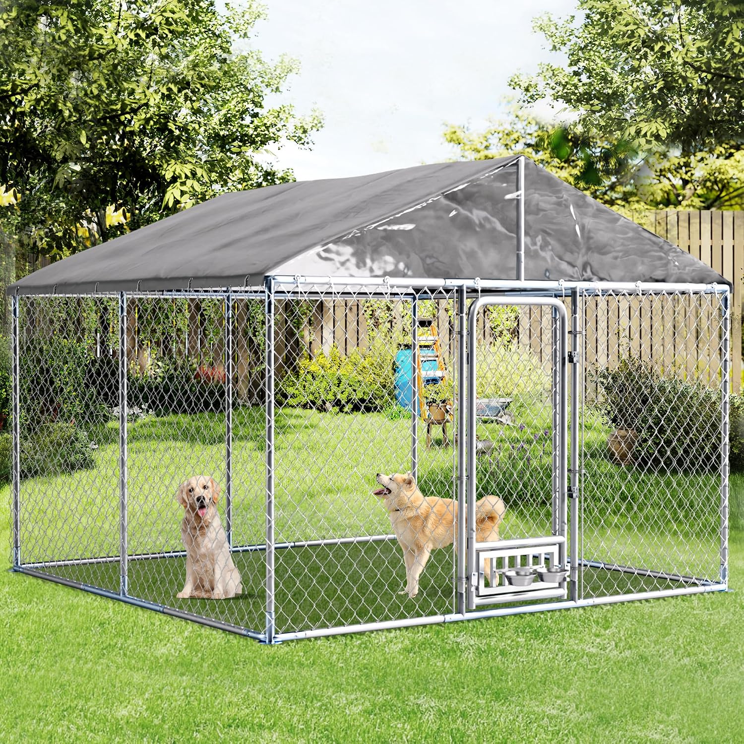 Grepatio Outside Dog Kennel with 2 Rotating Feeder Bowls, 10'x10' Outdoor Dog Kennel with Waterproof, Dog Enclosure for Large Dogs, Dogs Kennels Run Dog Playpen Fence with Secure Lock (10x10 FT)