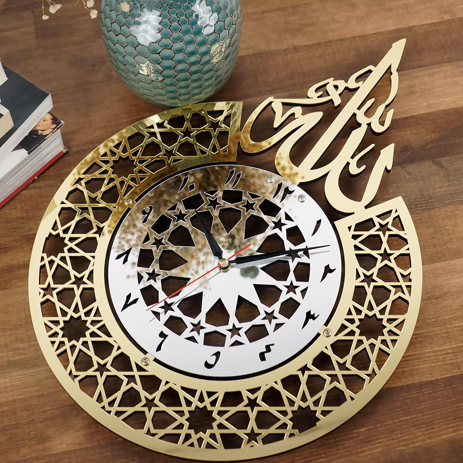 iwa concept Allah Calligraphy Wooden Islamic Wall Clock, Silent Mechanism Clock, Quran Decor Gift for Muslims During Ramadan (47 x 65 cm | 18.5" x 26", in Silver Out Gold-Arabic)