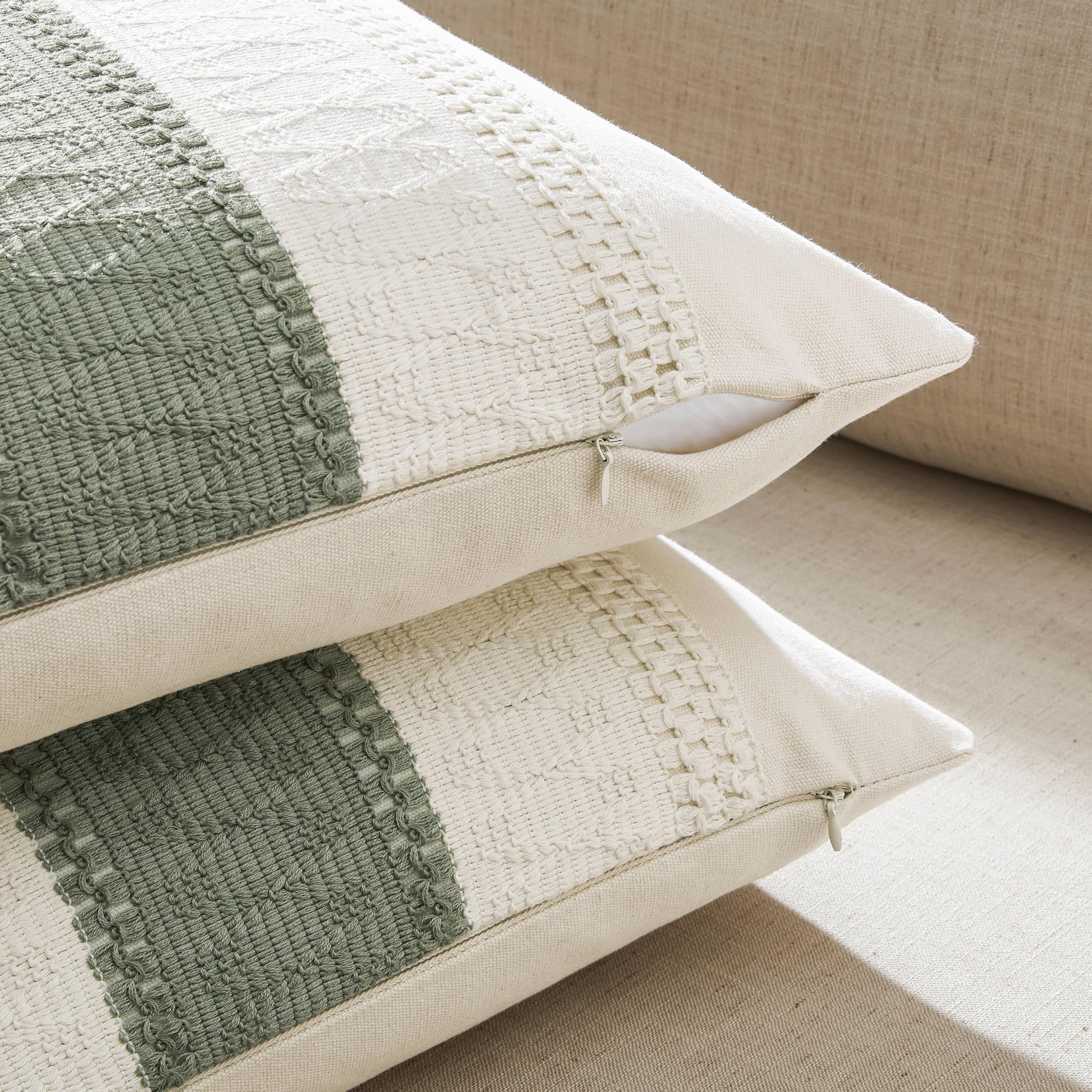 Paquete de 2 fundas de almohada bohemias de algodón de 20 x 20 pulgadas, color verde contrastante, fundas de almohada decorativas de granja suaves para sofá, cama, sala de estar, decoración 3