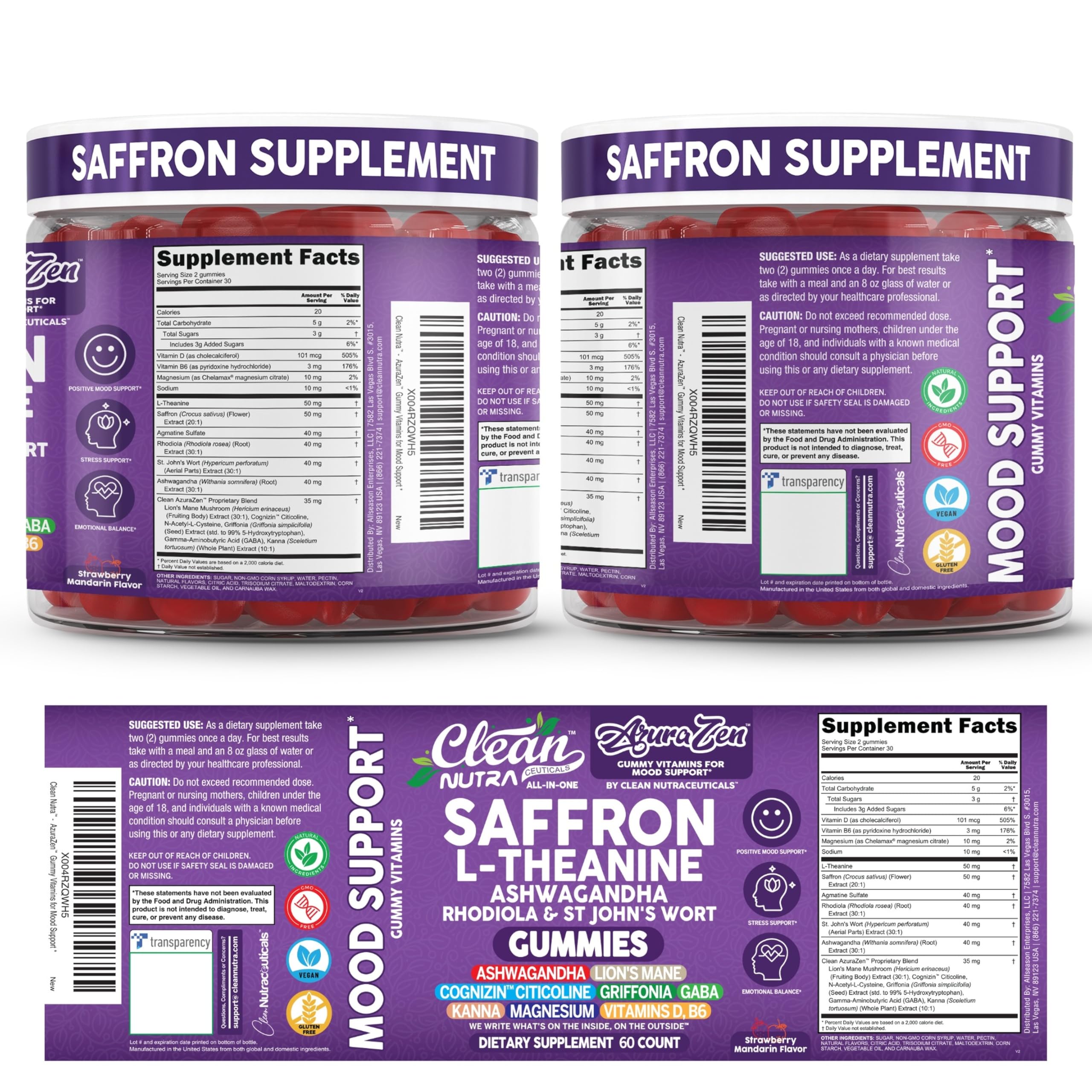 AuraZen Mood Support Saffron Gummies L-Theanine Ashwagandha Rhodiola St John's Wort Lions Mane GABA Vitamin D Magnesium Supplement | Calm Vegan Plant-Based Herbal Gummy By Clean Nutra — Amazon image 9