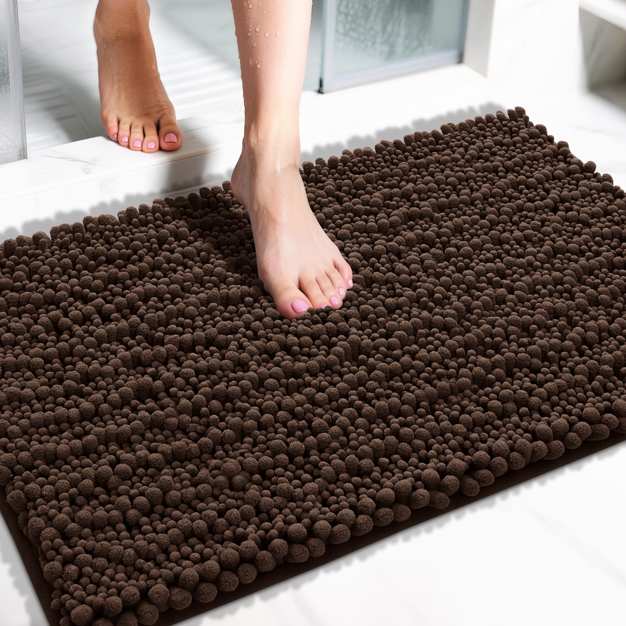 Yimobra Bathroom Rugs Non Slip Washable 32x20 Inch - Ultra Soft Absorbent Chenille Bath Mat, Quick Dry Shaggy Floor Carpet for Tub Shower, Brown Home