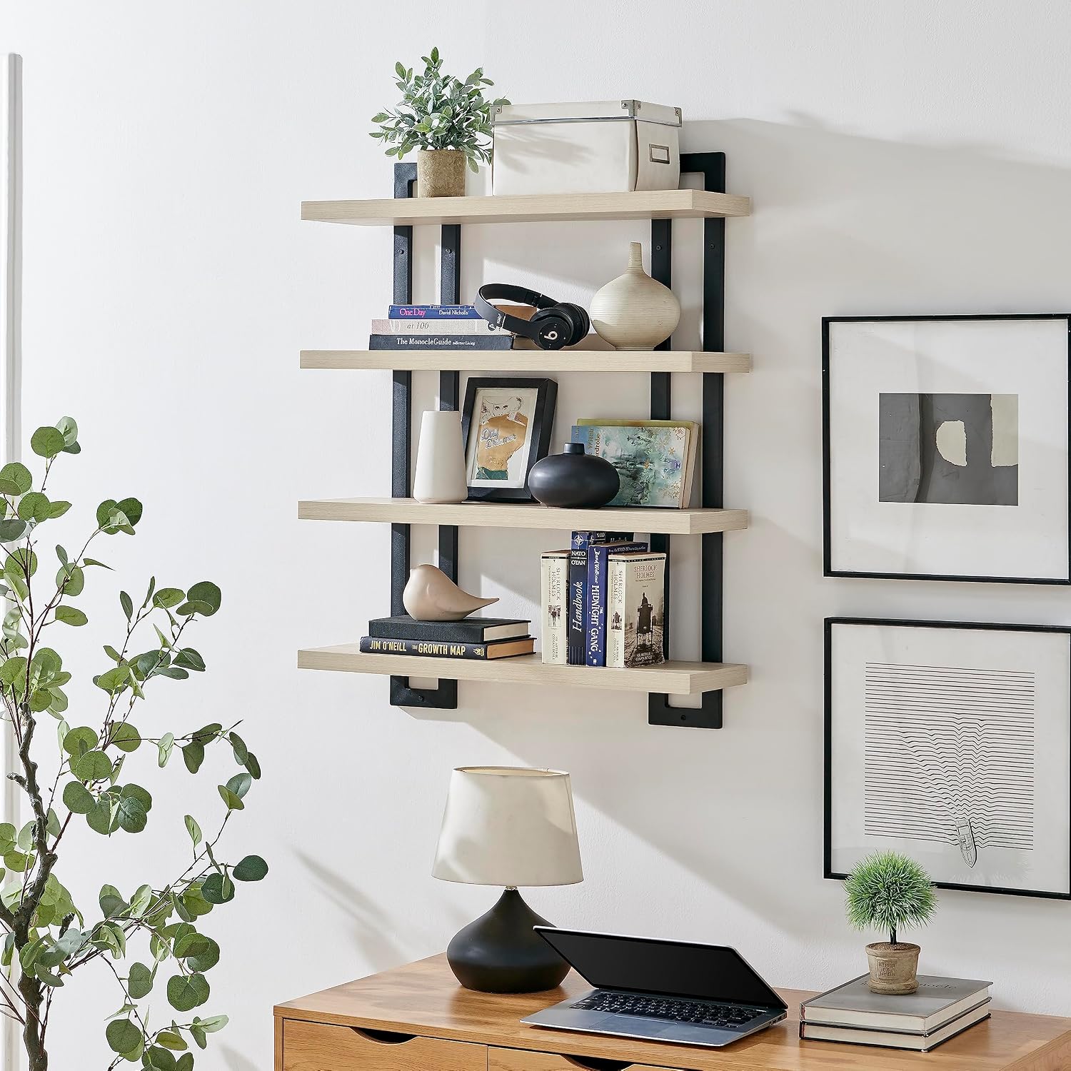 Danya B. 4-Tier Floating Bracket Wall Shelf - Metal and Laminate MDF Finish - Accent Shelving Unit for Displaying Books, Plants, Sculptures, Photos, Art, and Other Decor (White Birch)