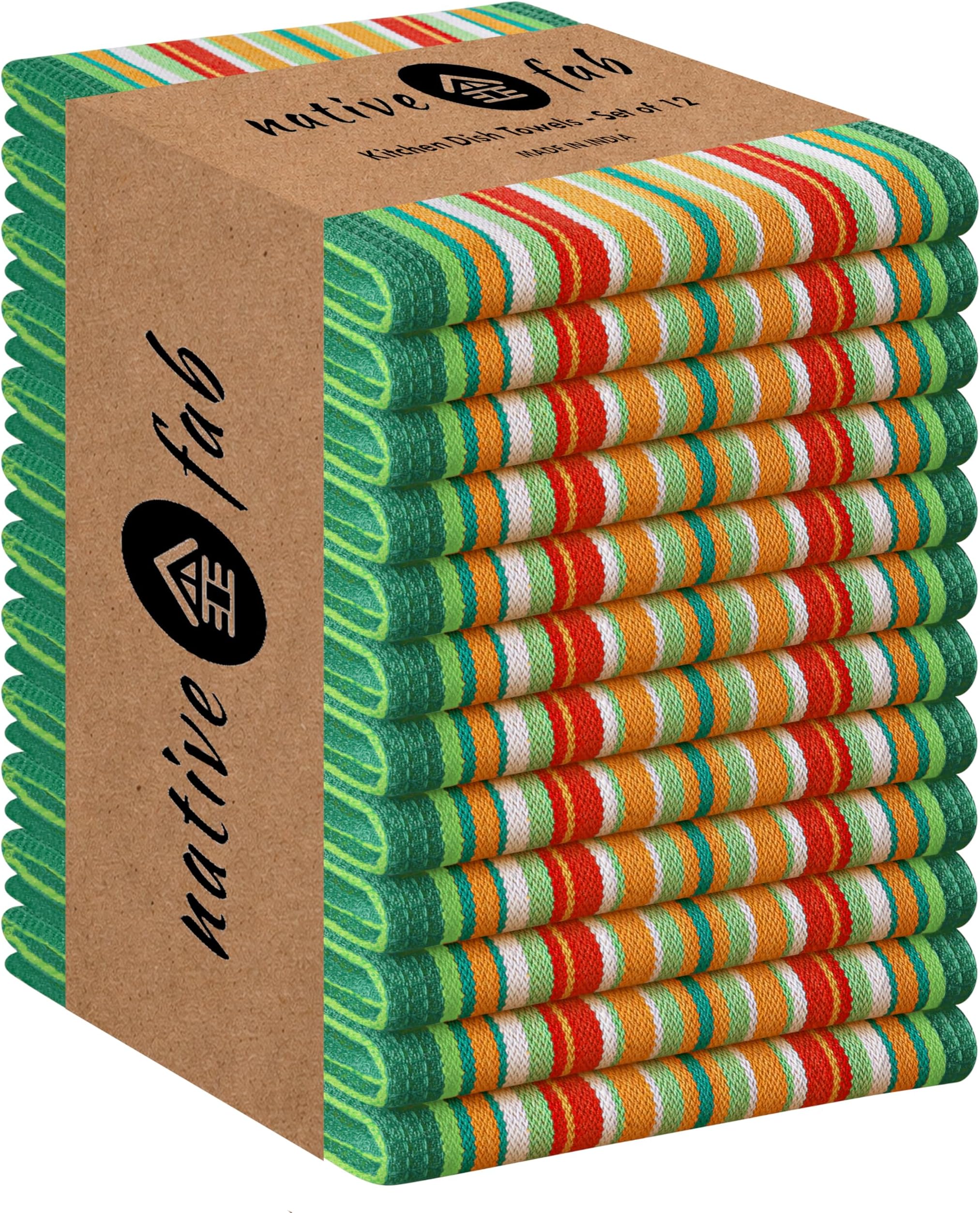 Native Fab Mexican Salsa Stripe Kitchen Towels, 12 Pack, 18x28 Inches, 100% Cotton, Highly Absorbent, Soft, Dish Towel for Drying Dishes, Everyday Kitchen Use, Reusable, Washable, Green