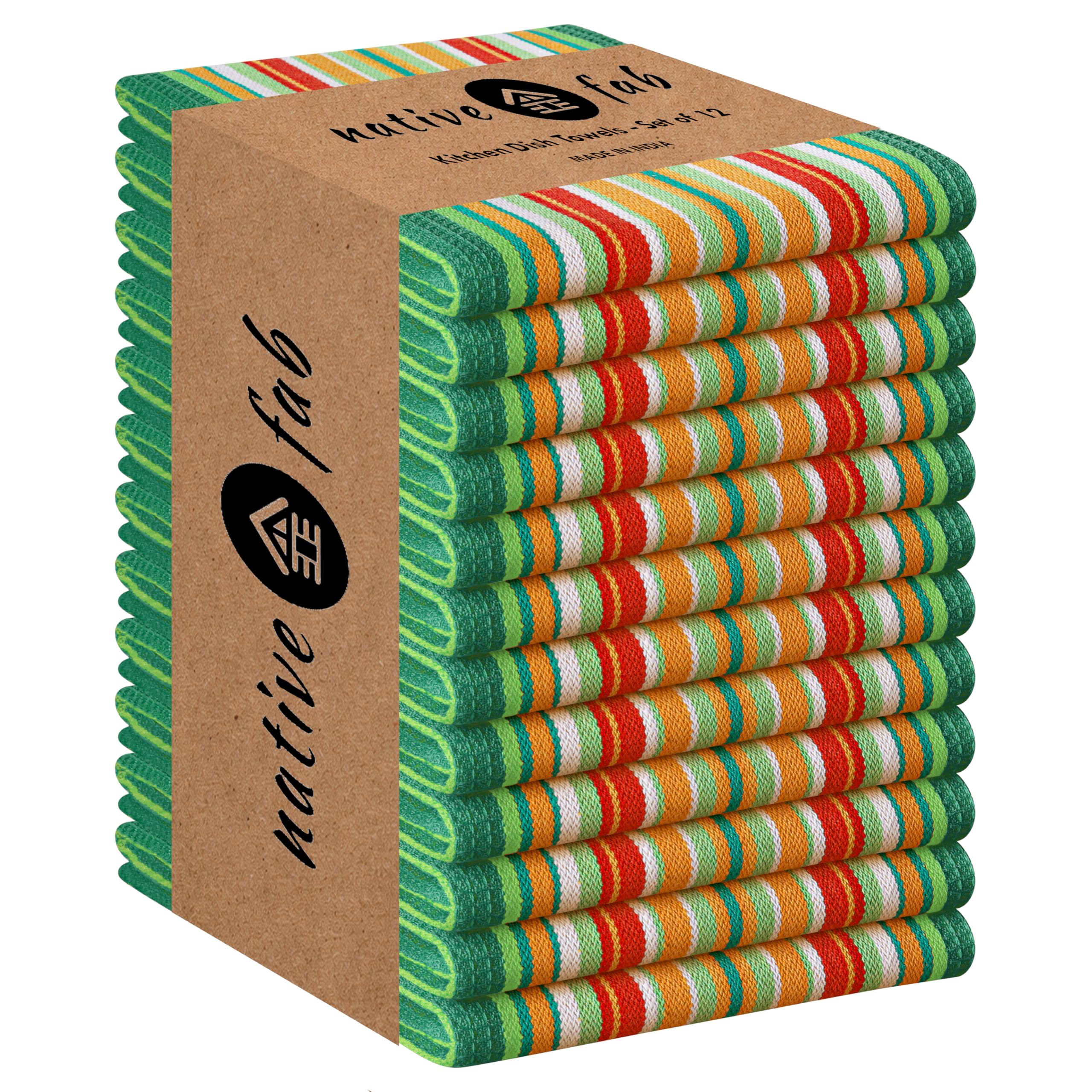 Native Fab Mexican Salsa Stripe Kitchen Towels, 12 Pack, 18x28 Inches, 100% Cotton, Highly Absorbent, Soft, Dish Towel for Drying Dishes, Everyday Kitchen Use, Reusable, Washable, Green